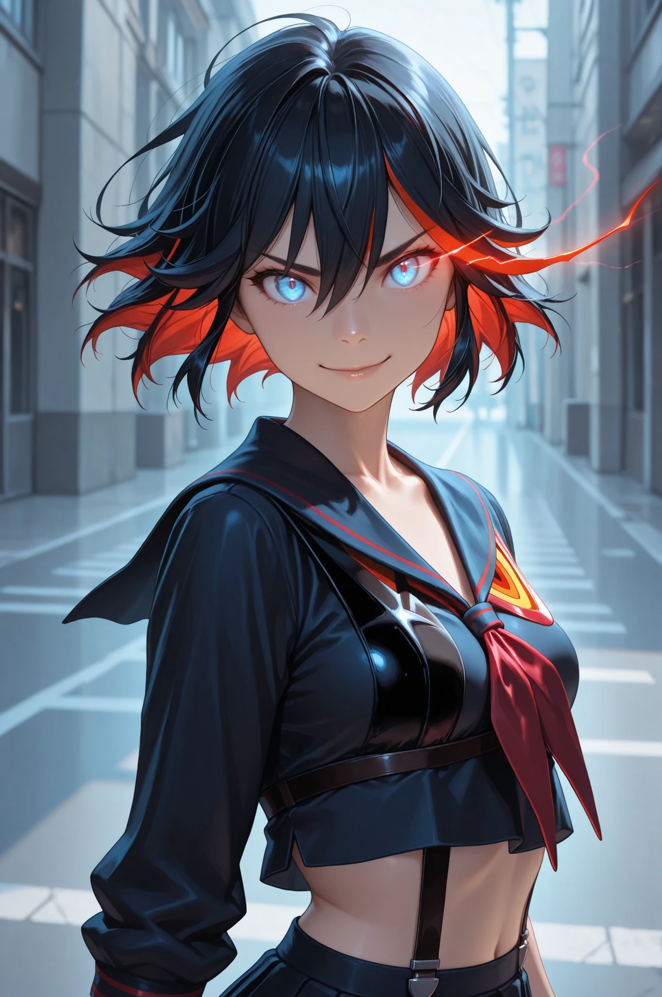 matoi ryuuko, multicolored hair, short hair, black hair, solo, streaked hair, 1girl, multicolored hair, black hair, solo, short hair, blue eyes, red hair, streaked hair, school uniform, midriff, serafuku, gew, glowing eyes, eye trail, the girl is very beautiful, the girl has an incredibly beautiful face, detailed skin image, anatomically accurate ratio, the girl looks directly at the viewer. The girl has a mischievous look, she looks at us with a mischievous smile, girl stands on the street next to the school. Masterpiece, best quality, vibrant, very aesthetic, high contrast, semrealistic, newest, proper lighting, proper shadows, extremely detailed CG unity 8k wallpaper, perfect lighting, colorful, ultra-high resolution, detailed background, masterpiece, top quality, (masterpiece, detailed:1.2)