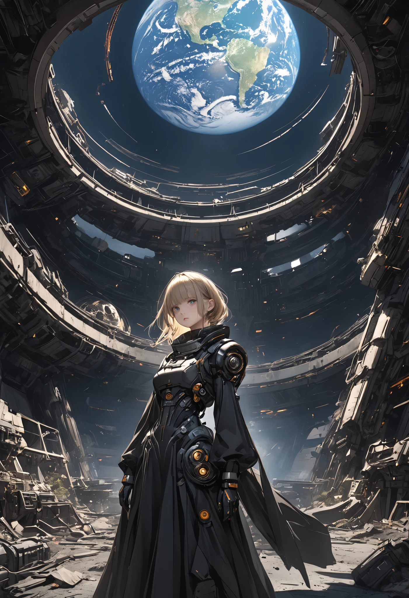 ((The Forgotten Woman Android)),Abandoned Space Station,Ruins on one side,woman standing with her eyes open android,Night sky with a view of the big Earth,Blue Earth,astronauts standing up,((cowboy shot)),comet,meteor、空から降り注ぐmeteor、無数のmeteor群、4k,High Quality,Digital 3D Rendering,Realistic,Inspired by ,Dark Fantasy,mechanical atmosphere,cinematic,moody lighting,Deep Shadow,Cool color scheme ,listless expression