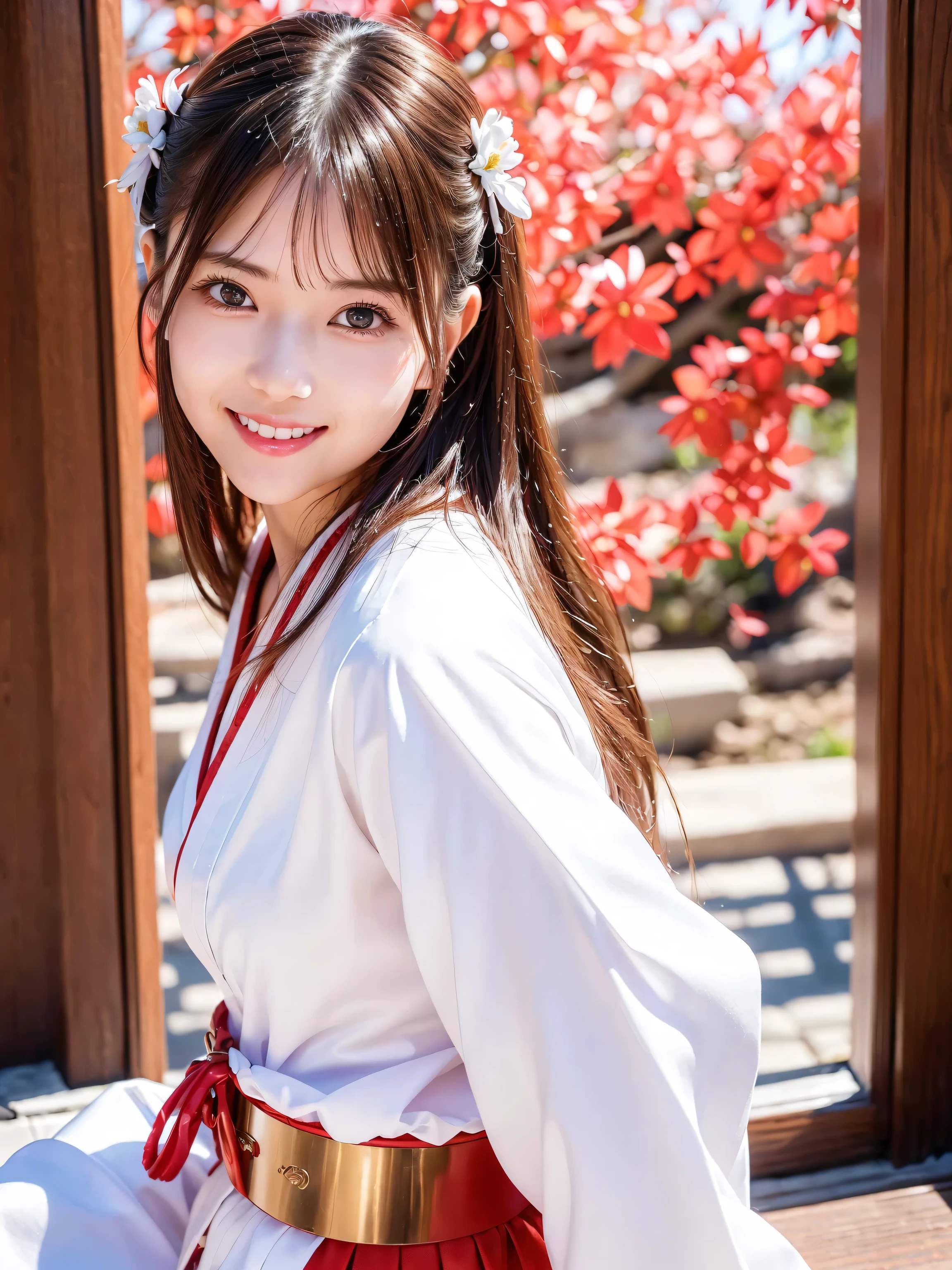 ( face close-up:1.2)、 Highest Quality、 Ultra High Definition、(As shown in the picture: 1.3)、 beautiful eyes、 so beautiful、 shiny hair 、 mature and elegant、(smile、smile:1.4)、(Cute Shrine Maiden, wearing white Japanese clothes,Red Hakama, Inside a Japanese shrine,  45 angles 、 by Krenz Kshart and Mucha, accentuated by laughter, Strong Rim Light, Intense Shadows)
