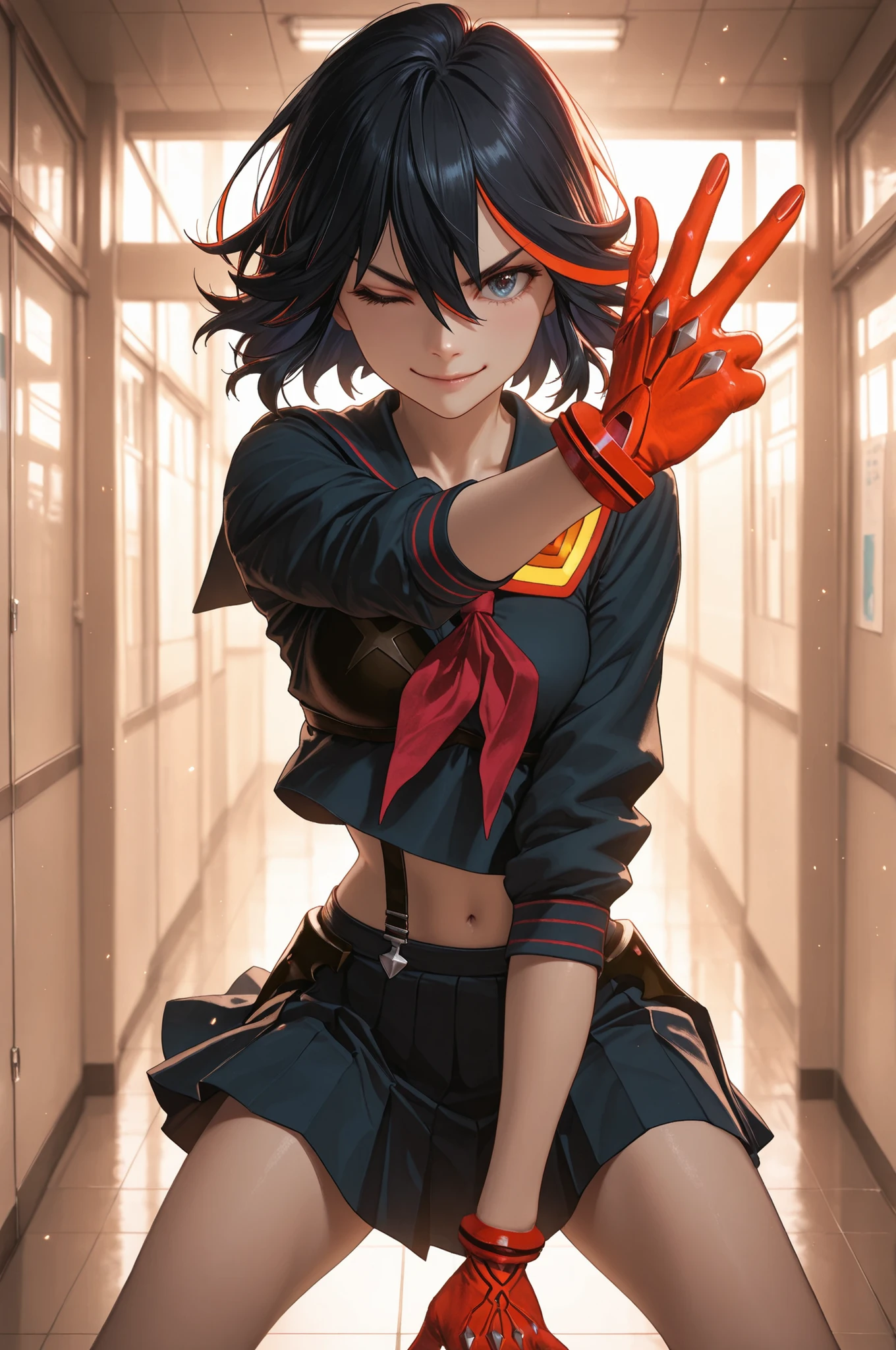 matoi ryuuko, multicolored hair, short hair, black hair, solo, streaked hair, 1girl, multicolored hair, black hair, solo, short hair, blue eyes, red hair, streaked hair, school uniform, midriff, serafuku, the girl is very beautiful, the girl has an incredibly beautiful face, detailed skin image, anatomically accurate ratio. The girl in a school corridor. The girl has a mischievous look, mischievous smile, right hand making a peace sign next to face. Left eye closed and winking. action pose, dynamic pose, dynamic action, dynamic angles, dynamic perspective, dynamic color, dynamic light. Masterpiece, best quality, vibrant, very aesthetic, high contrast, semrealistic, newest, proper lighting, proper shadows, extremely detailed CG unity 8k wallpaper, perfect lighting, colorful, ultra-high resolution, detailed background, masterpiece, top quality, (masterpiece, detailed:1.2)