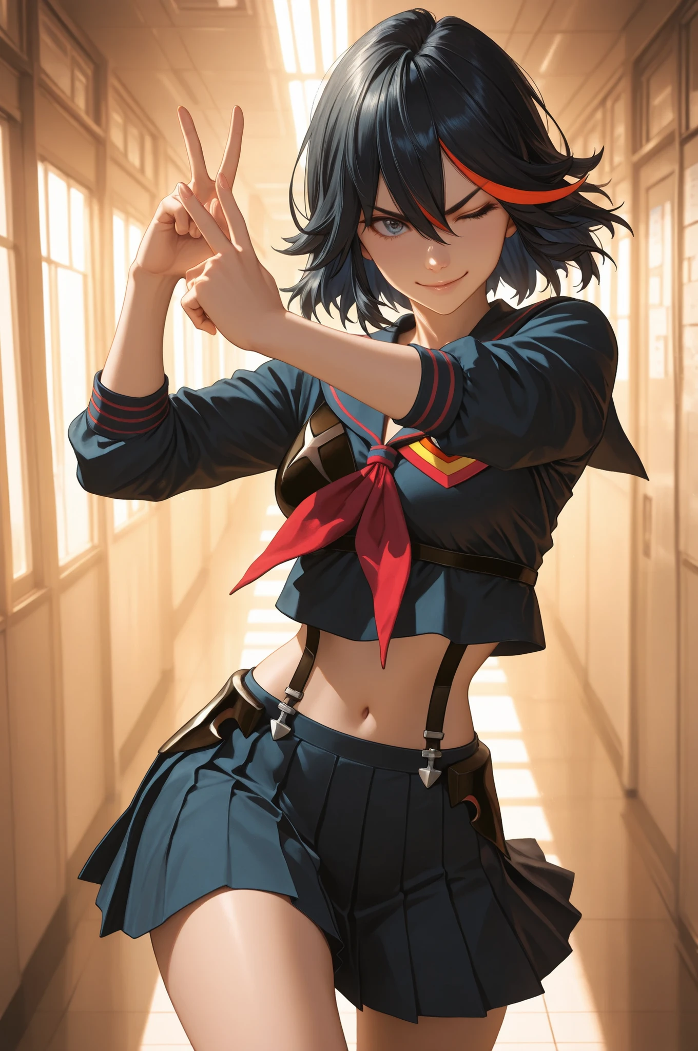 matoi ryuuko, multicolored hair, short hair, black hair, solo, streaked hair, 1girl, multicolored hair, black hair, solo, short hair, blue eyes, red hair, streaked hair, school uniform, midriff, serafuku, the girl is very beautiful, the girl has an incredibly beautiful face, detailed skin image, anatomically accurate ratio. The girl in a school corridor. The girl has a mischievous look, mischievous smile, right hand making a peace sign next to face. Left eye closed and winking. action pose, dynamic pose, dynamic action, dynamic angles, dynamic perspective, dynamic color, dynamic light. Masterpiece, best quality, vibrant, very aesthetic, high contrast, semrealistic, newest, proper lighting, proper shadows, extremely detailed CG unity 8k wallpaper, perfect lighting, colorful, ultra-high resolution, detailed background, masterpiece, top quality, (masterpiece, detailed:1.2)