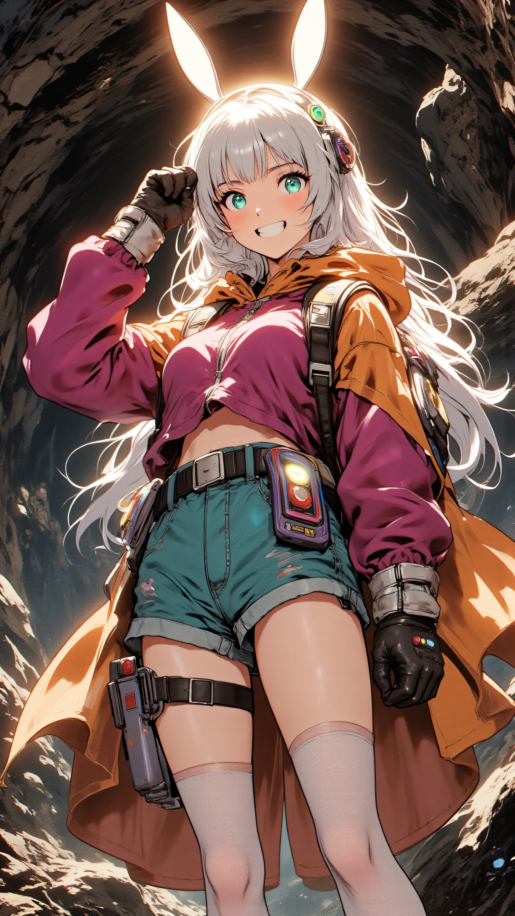 2D anime style, expressive character focus, cinematic lighting, high detail. Ample space,no cropping.
Theme: underground exploration with playful confidence.
Subject: a girl striking a triumphant pose in a glowing cave.
Full body or bust-up shot, slight upward angle. No cropping.
Pose: one foot forward, hand on hip, other hand raised in a dramatic gesture. Bold posture, confident grin.
Character:
17-year-old Japanese girl, tall, stylish, quirky explorer.
Anime face with soft features, flat green eyes sparkling with pride.
Expression: smug grin, raised eyebrow—classic “doya-gao.”
Long snow-white hair with blunt bangs, flowing from under a glowing bunny-ear helmet.
Outfit:
Colorful layered tunic (magenta with orange trim), teal shorts, violet straps.
Chunky boots with mismatched laces, white fishnet stockings.
Oversized gloves with glowing seams, utility belt with bright tools and stickers.
Dusty cloak and patched backpack hint at recent adventure.
Background (minimal):
Dark cave with faint glowing crystals and mist.
Soft blur, low detail.
Warm light from helmet highlights her face and pose.
Aesthetic:
Retro anime meets playful sci-fi.
Color palette: cave tones (gray, brown) contrasted by vivid outfit accents.
Lighting: dramatic, warm highlights, soft shadows.
Mood:
Confident, cheeky, adventurous.
A moment of proud self-celebration.
Technical:
Shallow depth of field (focus on face and pose).
Glowing effects on gear.
High texture detail on clothing and accessories.