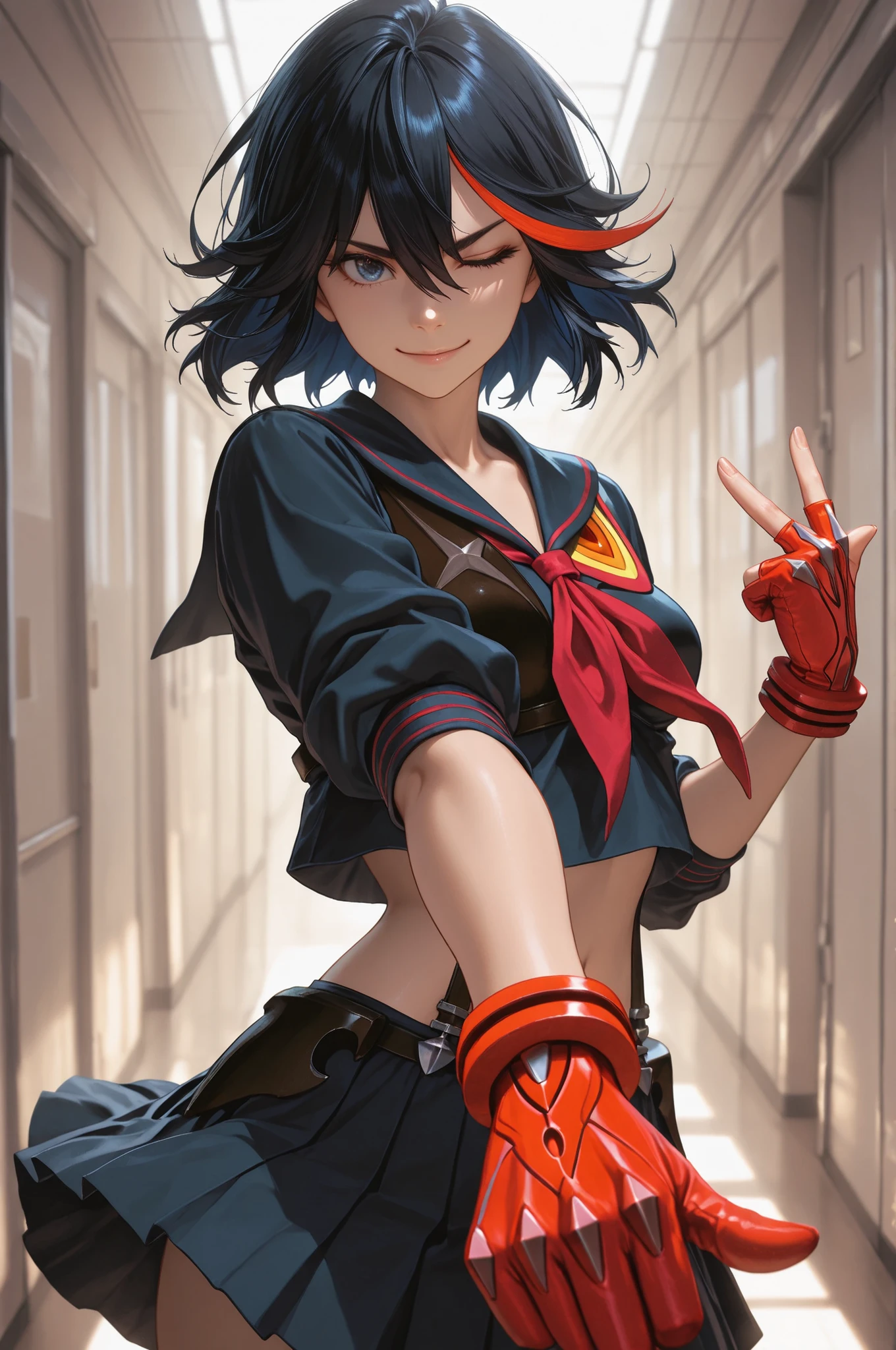 matoi ryuuko, multicolored hair, short hair, black hair, solo, streaked hair, 1girl, multicolored hair, black hair, solo, short hair, blue eyes, red hair, streaked hair, school uniform, midriff, serafuku, the girl is very beautiful, the girl has an incredibly beautiful face, detailed skin image, anatomically accurate ratio. The girl in a school corridor. The girl has a mischievous look, mischievous smile, right hand making a peace sign next to face. Left eye closed and winking. action pose, dynamic pose, dynamic action, dynamic angles, dynamic perspective, dynamic color, dynamic light. Masterpiece, best quality, vibrant, very aesthetic, high contrast, semrealistic, newest,  proper lighting, proper shadows, extremely detailed CG unity 8k wallpaper, perfect lighting, colorful, ultra-high resolution, detailed background, masterpiece, top quality, (masterpiece, detailed:1.2)
