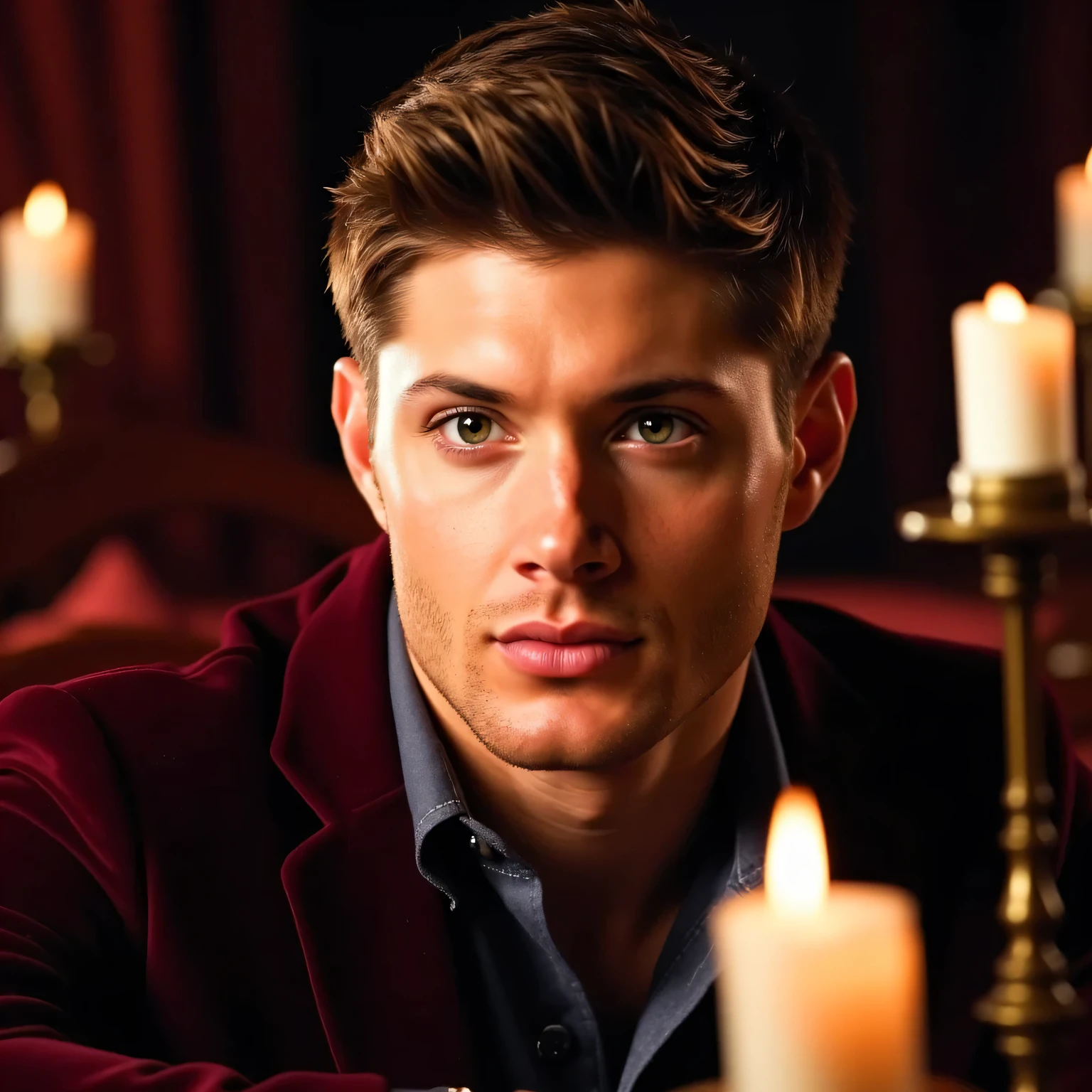 Jenack, a portrait of a handsome young man with styled light brown hair. He has fair skin and stunning green eyes. He is wearing a burgundy velvet jacket and a shirt of the same color, with the top buttons undone. The man is sitting at a table, with candles on either side of him, illuminating his face. Behind him is a backdrop with burgundy curtains. On his left hand, there is a watch with a metal bracelet. The overall tone of the image is warm and rich, with a focus on red and burgundy hues.