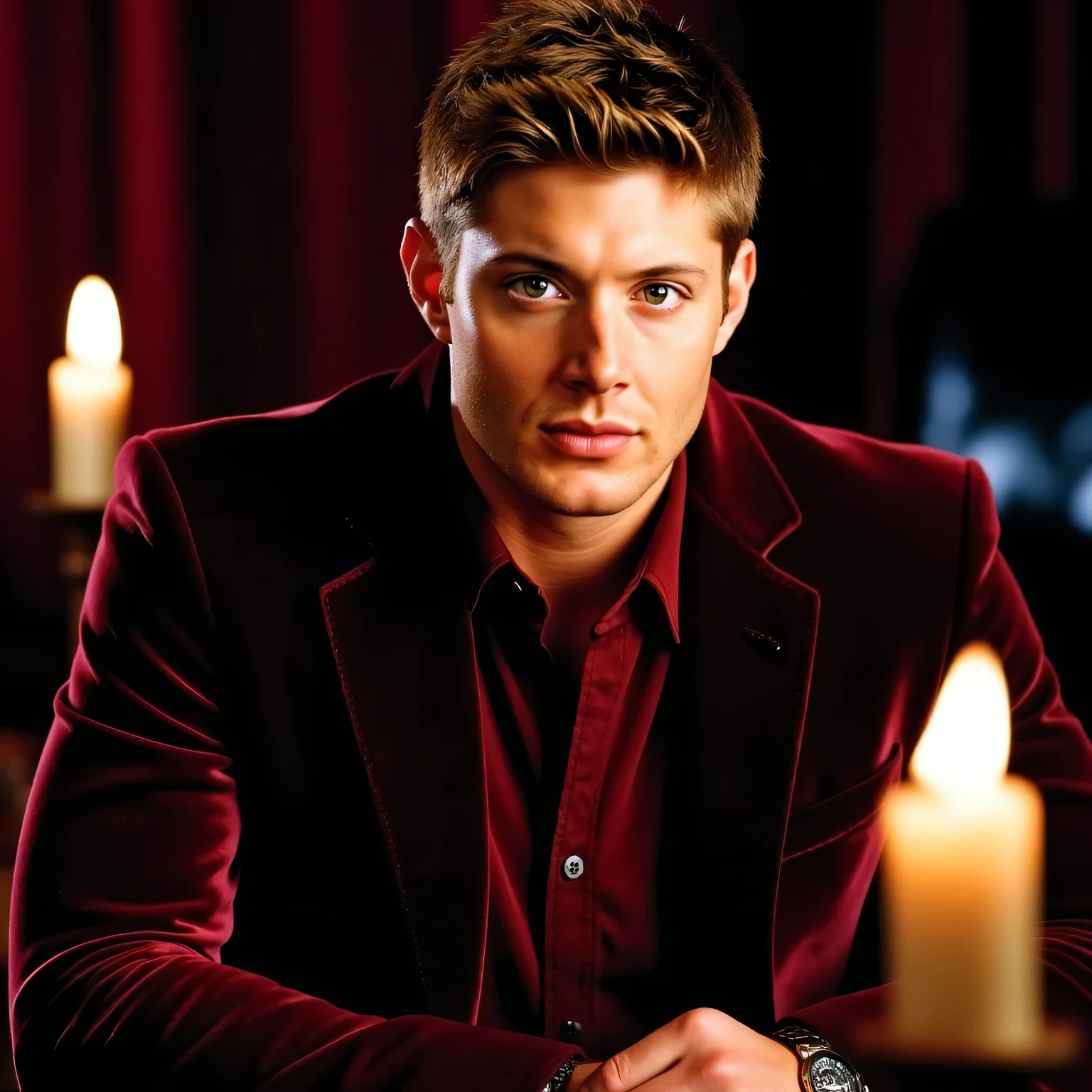 Jenack, A portrait of a handsome young man with styled light brown hair. He has fair skin and stunning green eyes. He is wearing a burgundy velvet jacket and a shirt of the same color, with the top buttons undone. The man is sitting at a table, with candles on either side of him, illuminating his face. Behind him is a backdrop with burgundy curtains. On his left hand, there is a watch with a metal bracelet. The overall tone of the image is warm and rich, with a focus on red and burgundy hues.