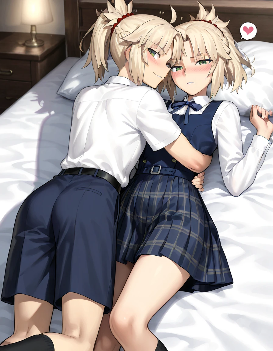 source_anime,
saber, short hair, blond hair, detailed deep green eyes, hair between eyes,(( perfect eyes )), Perfect face, expressive eyes, orgasm,wince, frown,
(show off ), Full open white shirt , detailed , ,  bottoms,
indoors, bed, realistic bed room,, lie on bed, (), virginal  , yuri ,  blush, open mouth, saliva,
cowboy shot, looking at viewer, kiss, dutch angle,  juice,(rape), small ,                                                            