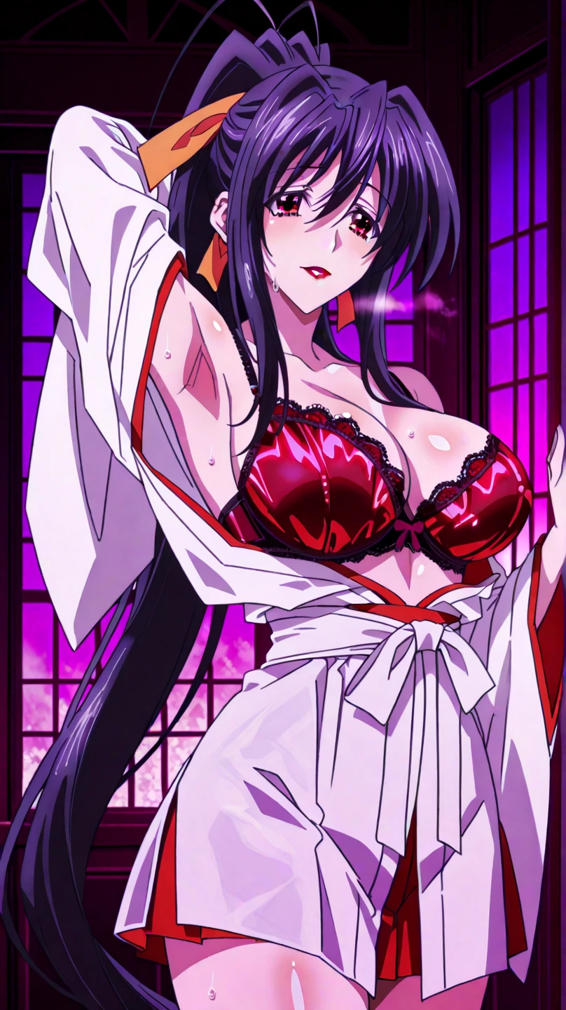 senjumaru shutara, (long hair, bangs, blunt bangs, black hair, sidelocks:1.5), (black eyes:1.5), makeup, lipstick, red lipstick, sweating, glowing eyes, heavy breathing, female focus, 1girl, ???????, navel, ?????_ribbon, arms_behind_back, looking_at_viewer, solo, large_???????, collarbone, underboob, bound, ????_shoulders, ribbon, stomach, groin, bound_arms, mole, "Photorealistic, Hyperrealistic, Hyperdetailed, analog style, soft lighting, subsurface scattering, realistic, heavy shadow, masterpiece, best quality, ultra realistic, 8k, golden ratio, Intricate, High Detail, film photography, soft focus", anime coloring, anime screencap, sweating, steaming body, fog