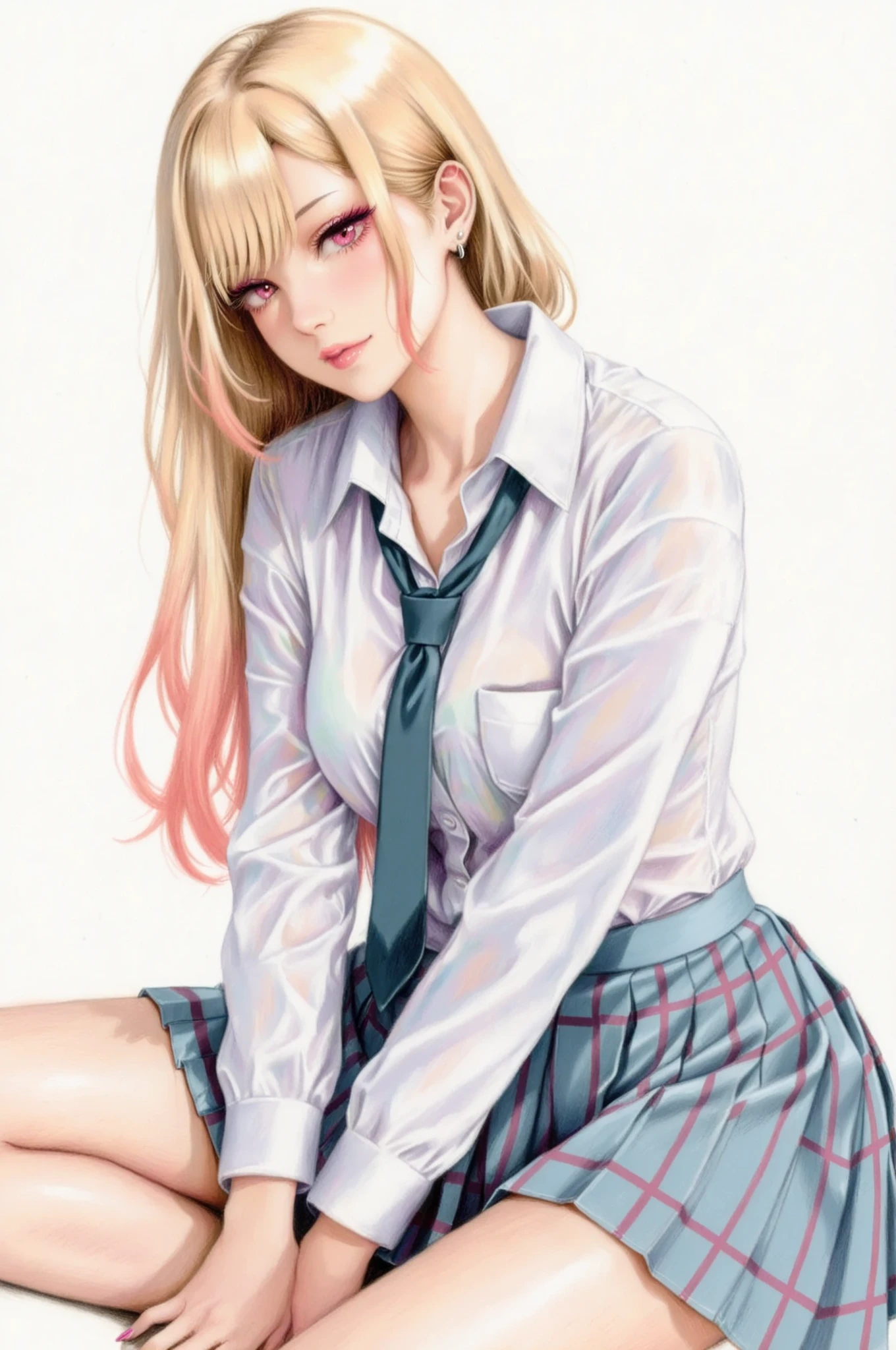 masterpiece, Highest Quality, 1 woman, marin kitagawa, uniform, white shirt, necktie, Plaid Pleated Skirt, Colored pencil drawing.