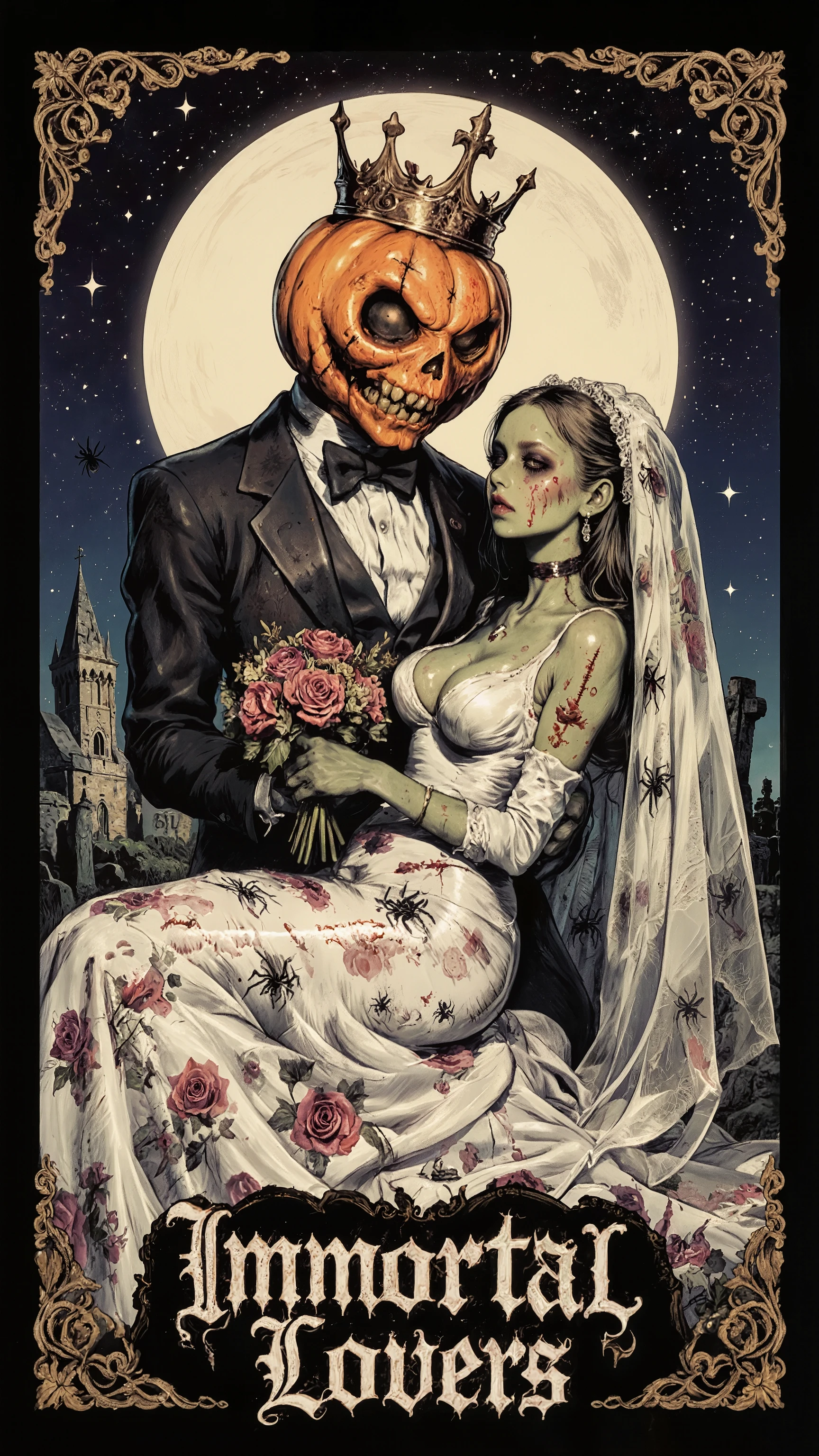 Stylish illustration.dramtic and romantic mood,in the center at the bottom of the screen Gothic Style title Text: “Immortal Lovers”,Lovers gazing at each other,halloween illustration,movie poster, depicting a horror pumpkin head man figure with a crown, a bride-like figure, pumpkin head man figure, representing death, has a horror pumpkin face and is crowned. A large, ornate circle halo surrounds pumpkin head man figure wears a dark, white spiders patterned suit,holding the zombie bride in a princess carry,dynamic pose,Next to the pumpkinhead man figure is a young beautiful zombie woman wearing a wedding dress and veil decorated with rose flowers, The bride has pale green skin and stitches on her face and body,Her facial expression is a blend of stoic and serene, with large, expressive eyes and a down-turned mouth. Her veil is a delicate mesh with a floral rose pattern that cascades down her back. The zombie woman's dress is covered in ornate floral patterns and is paired with a bouquet of flowers.In a castle and Graveyard decorated in a Halloween style,Starry Sky,moon,A frame decorated in a Gothic romance style, The composition showcases a close-up embrace. The style is reminiscent of Art Nouveau, with strong lines and a romantic, melancholic tone. The stark contrast between the darkness and the light creates a striking visual impact, The overall mood is gothic and romantic,Tim Burton style,reminiscent of pop art,xijie-gn,