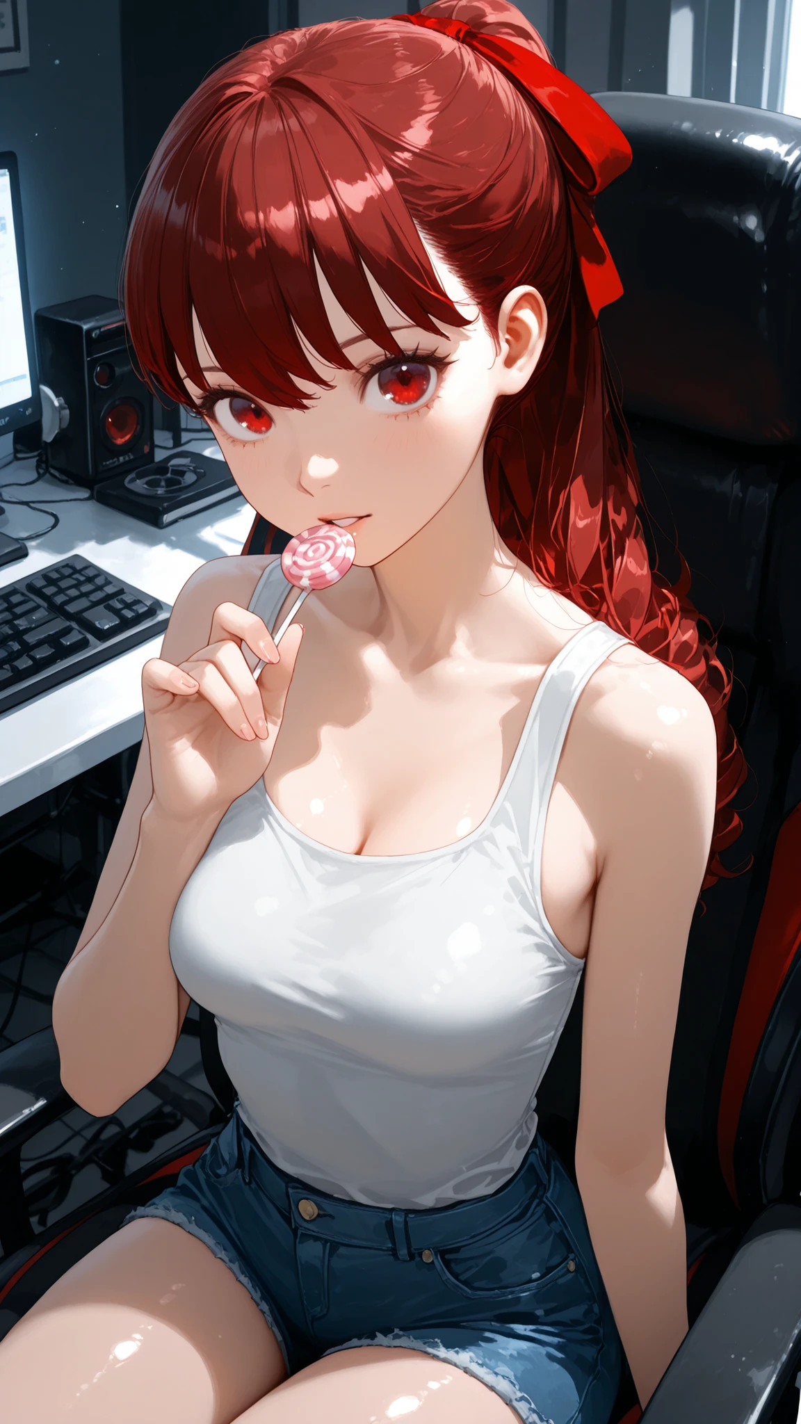 Yoshizawa Kasumi,(middle ponytail:1.7),(Light Reflected in Eyes:1.5),short bang,masterpiece:1.3,new,((slender:1.4))),Normal Breast:1.3,on a pasture at night,Highest Quality:1.3,赤い髪、Dark Red Eyes:1.3,on your butt and eat candy,(赤い髪:1.4),((beautiful eyes:1.3)),computer room,beautiful thighs、thin thighs:1.3.(:1.6),(tangs:1.6)),((sit in a gaming chair:1.3)),slender:1.3,parted lips:1.3,8k:1.2,(((side shot:1.3))),(typing:1.7),(plain white tank top:1.3),(short denim:1.3),(big eyes:1.3),(catchlight/Sparking eyes:1.6),Put on holding candy:1.7