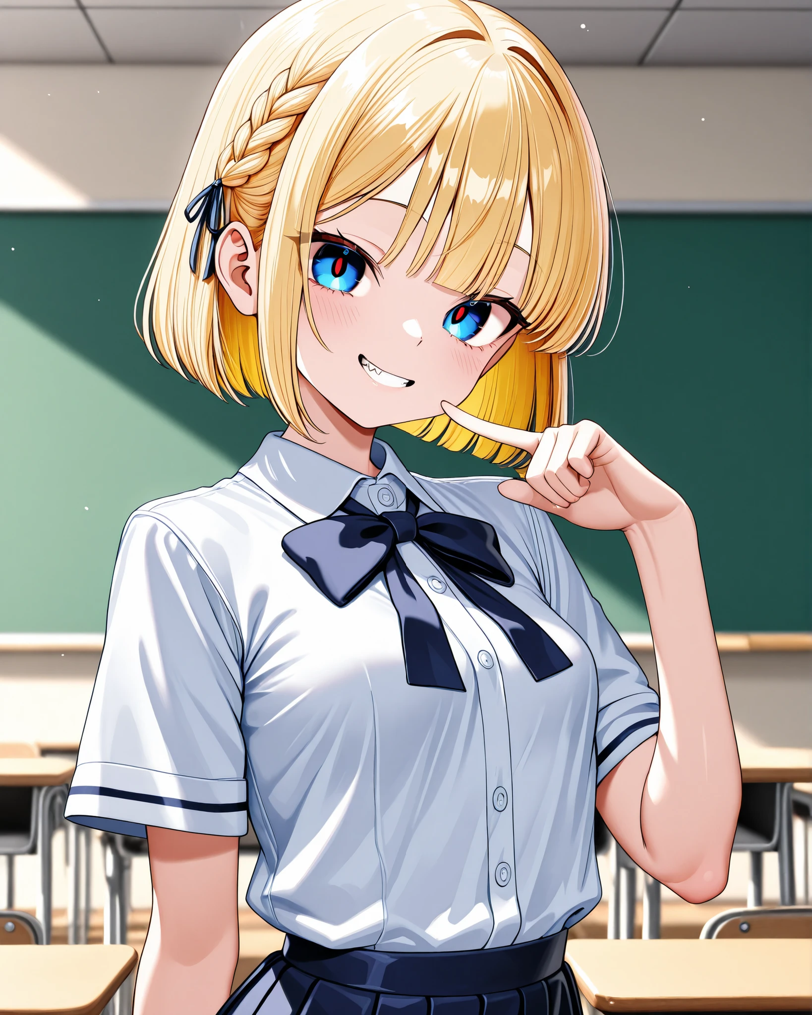 short、Petite,super small breasts、short sleeve schoolgirl uniform、Blonde、bob cut、Braided Hair、ATTRACTIVE BLUE EYES、classrooms、sharp eye、Tiga Red Tide:1.3,female kid、elementary school students、Smile Yan、Front face