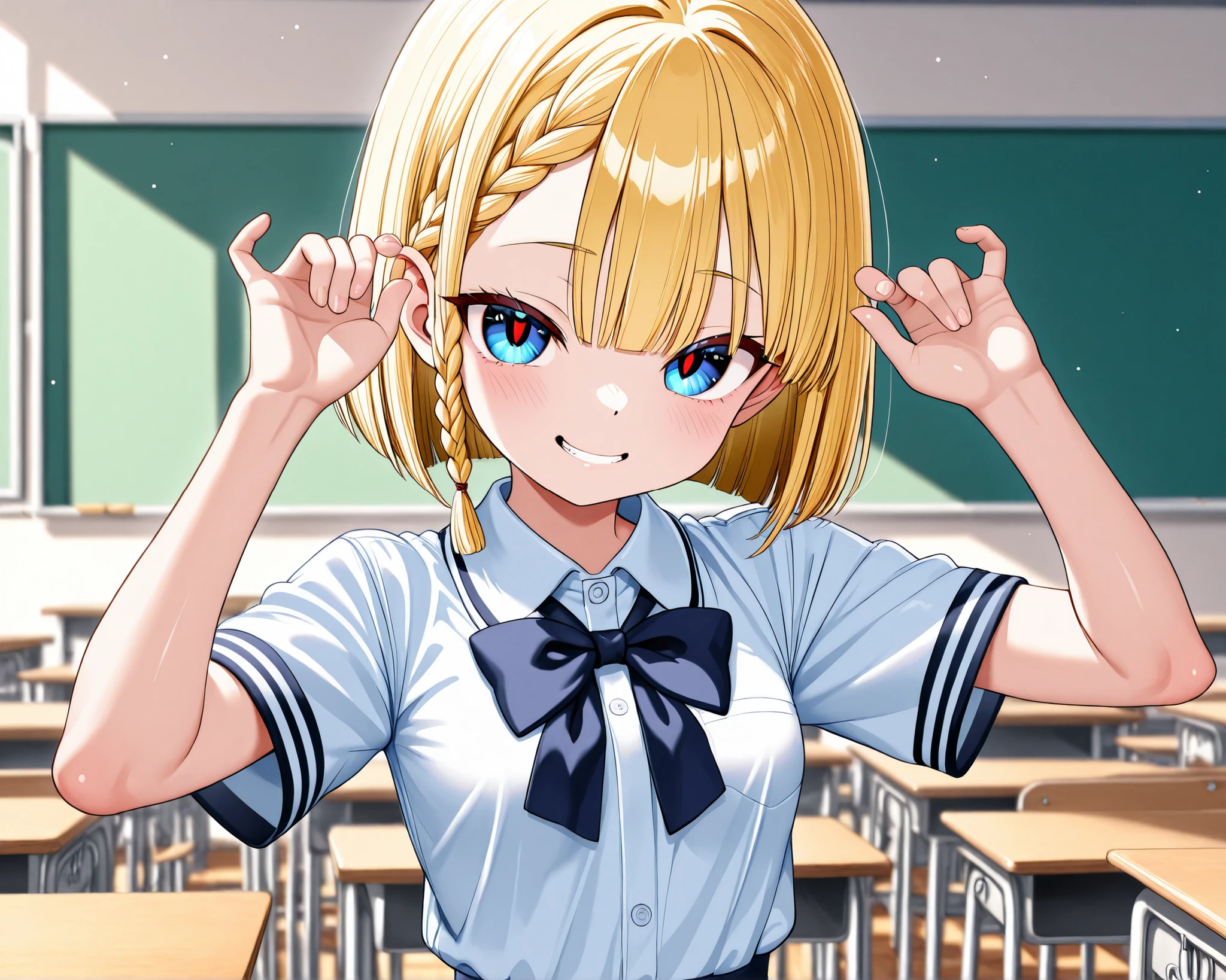 short、Petite,super small breasts、short sleeve schoolgirl uniform、Blonde、bob cut、Braided Hair、ATTRACTIVE BLUE EYES、classrooms、sharp eye、Tiga Red Tide:1.3,female kid、elementary school students、Smile Yan、Front face