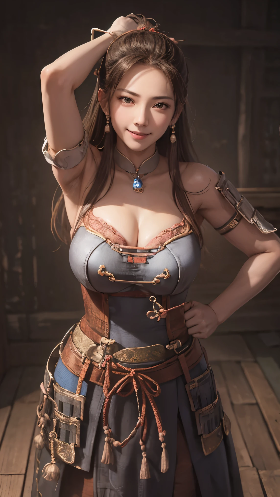 cowboy shot、Highest Quality, Ultra High Def 、 beautiful beautiful woman 、simple background、smile、8k、perfection,   shiny skin,  Pose , beautiful models in an old village,  armpit,  Art , Ancient Chinese Breastplate,  cute face ,   young woman with her hands crotched、black hair、 両armpitでキラキラと光る,  adipose muscle、clean skin、 white skin, Highest Quality, very detailed, fine, Nothing,  8K electronic wallpaper  , beautiful in every detail, perfectionなダイナミックコンポジション, Beautifully Detailed,  detailed hair for a calm face , Detailed Realistic Skin Texture, smile, 