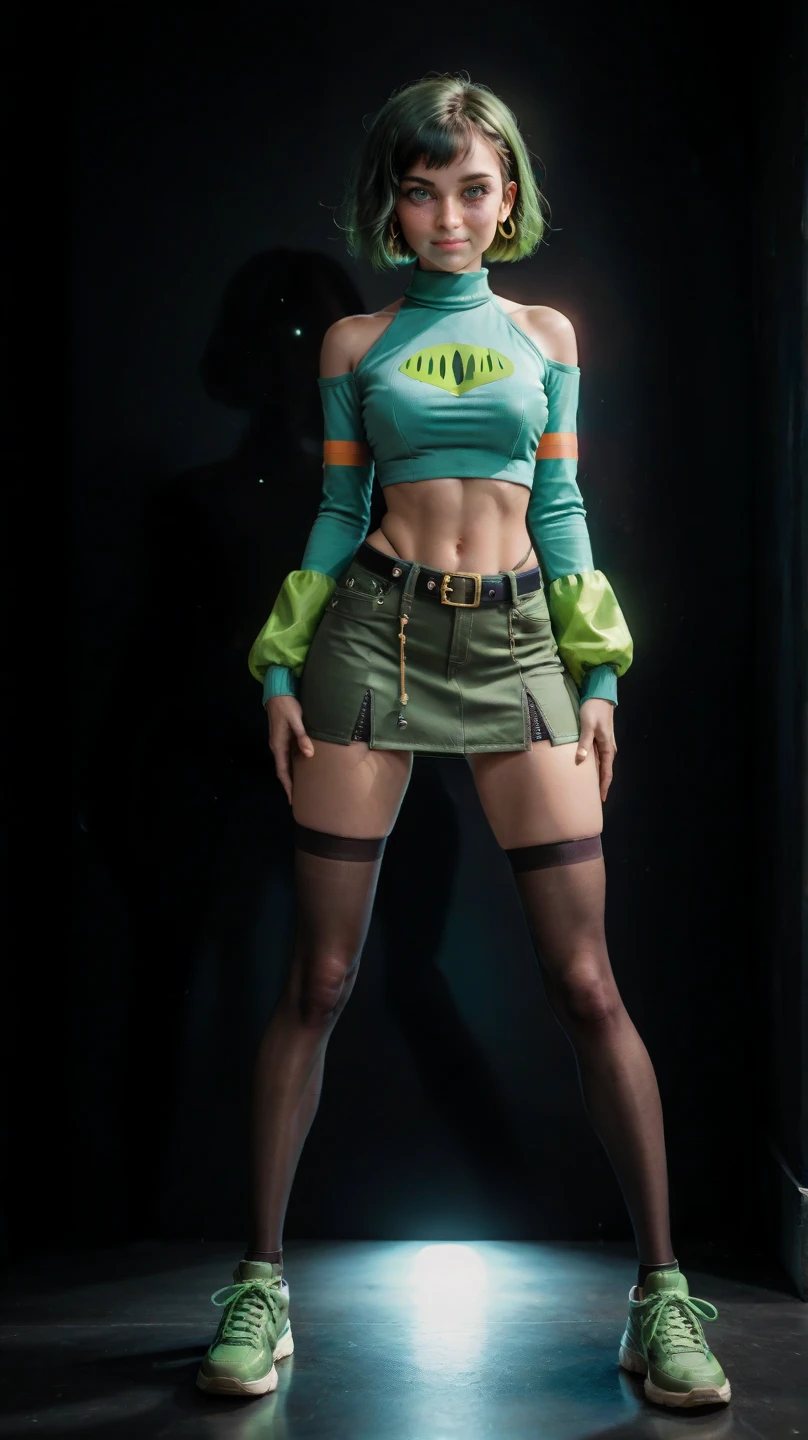 a cartoon girl in front of an illuminated castle night background, 1girl, jewelry, solo, hoop earrings, sky, star (sky),1girl, twintails, medium hair, teal hair, white eyes,x hair ornament,brown crop top, green panties, orange skirt, midriff, high heel boots, platform footwear,black footwear