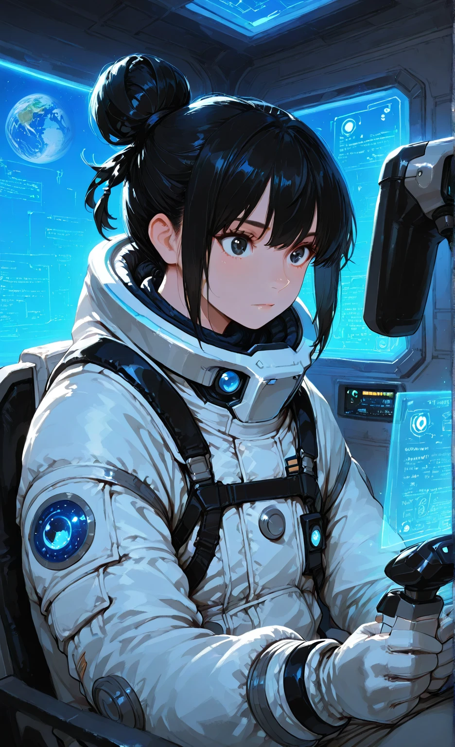 absurd res, high res, (masterpiece:1.4), ultra-detailed, 1girl, from above, space, floating, cinematic lighting, best quality.