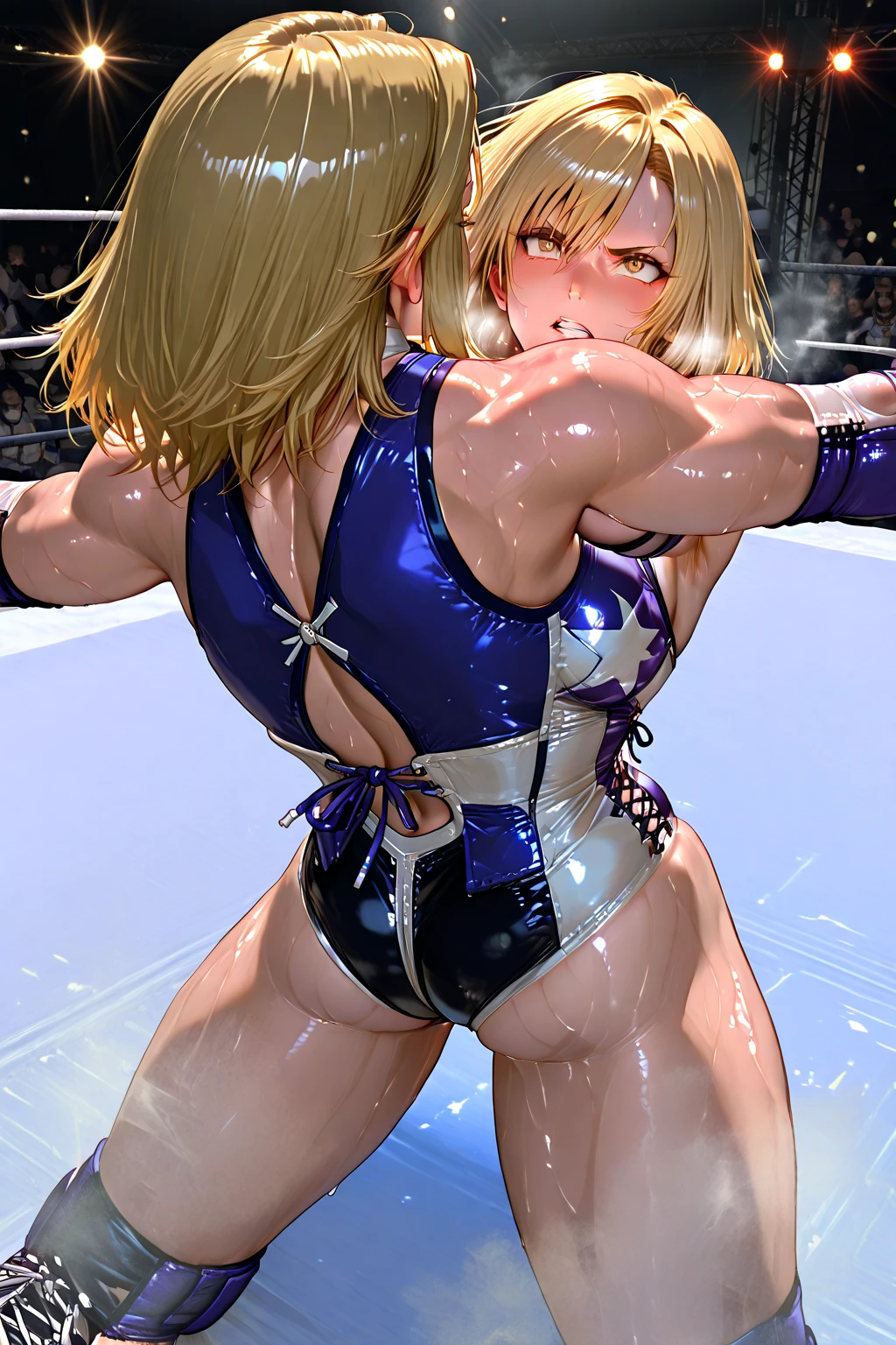 ((masterpiece)), ((high quality)), ((super detailed)), ((high resolution)) ,((8k)), a beautiful woman, ((She is one of the most famous female Gravure actress in the world.)), unparalleled beauty, (()), ((large )), ((deep cleavage)), slim waist,  out, ultra detailed face, perfect skin, (((Blonde ponytail hairstyle))), blue eyes,  detailed eyes, whole body image, (((anime))), ((glamorous)), 21 years old, ((incredibly beautiful woman)), ((The I cup bust)),  ((((sling  ring wear)))),  ((beautiful )), beautiful legs, 8 life size, anime, the most beautiful and strongest, ((charm)), ((Half Japanese and half British)), ((Grown-up face)), ((Open Finger Glove, Five fingers)),  (((Women's mixed martial arts,  A fighting arena))), ((Bewitching)), ((A young heroine of the women's professional wrestling world)), ((((from below)))),