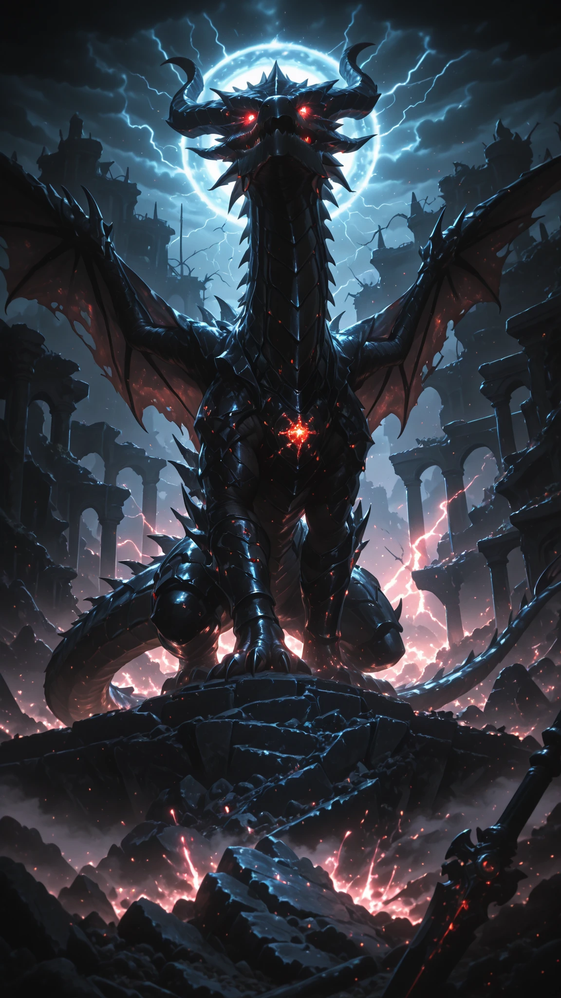 No human, solo, black dragon, surrounded by dark mist, glowing eyes, ancient ruins, thunderstorm in background, gothic fantasy style, moody lighting, ultra detail, 4k resolution, dark fantasy illustration