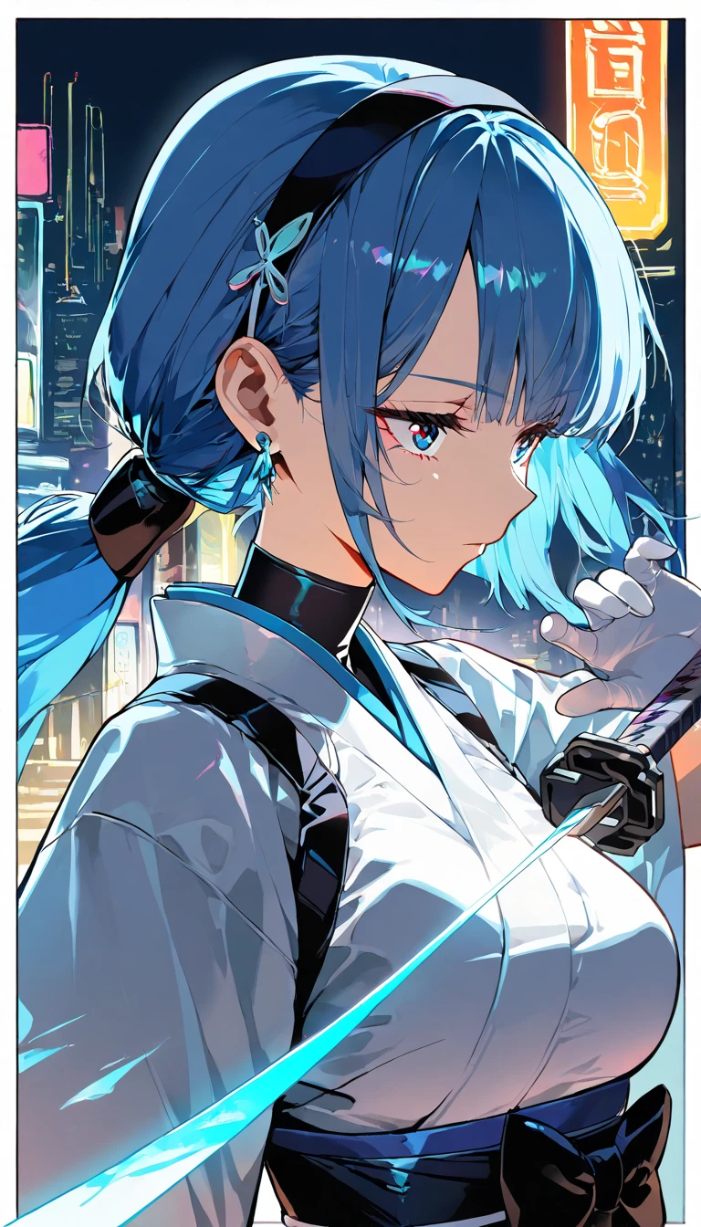 (Beautiful Girl : 1.3),One Girl ,(ARW),(White Japanese clothing,white gloves,TURTLENECK,headband,Earrings,),Blue hair,Low Ponytail,No expression,Japanese sword that shines white,Cyberpunk,Night Neon Street,Machine City,Sword attack,light particle,Dynamic Angles,masterpiece,Highest Quality,rich contrast,high image quality,8k,High Definition CG Unit Wallpaper,texture to,Unbelievably Absurd,RAW pictures,deep border 1 .2,very detailed