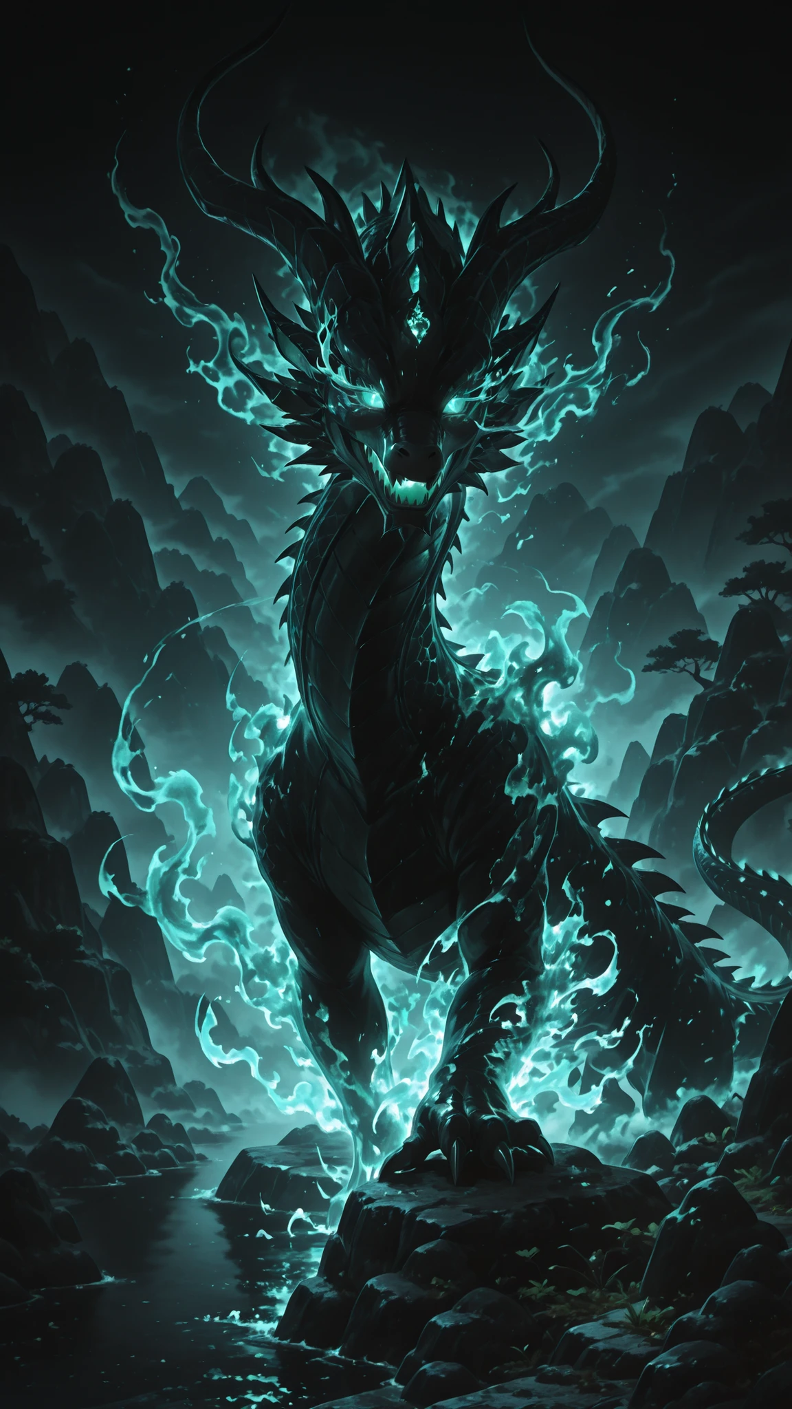 No human, solo, ancient Chinese black dragon with ethereal smoke body, glowing jade eyes, ghostly aura, floating in dark misty mountains, traditional ink painting style, fantasy concept art, detailed and atmospheric