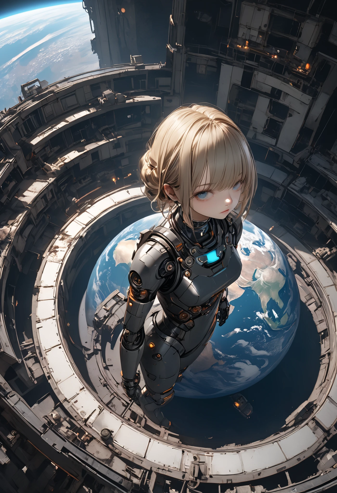((The Forgotten Woman Android)),((BUST SHOT)),((from above:1.2)),Abandoned Space Station,Ruins on one side,woman standing with her eyes open android,Night sky with a view of the big Earth,Blue Earth,astronauts standing up,comet,meteor、空から降り注ぐmeteor、無数のmeteor群、4k,High Quality,Digital 3D Rendering,Realistic,Inspired by ,Dark Fantasy,mechanical atmosphere,cinematic,moody lighting,Deep Shadow,Cool color scheme ,listless expression