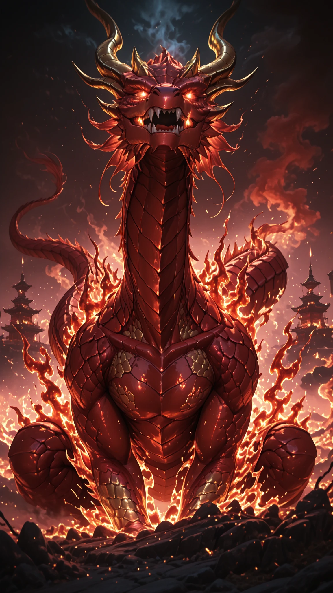 No human, solo, Chinese red dragon, surrounded by fire and molten rocks, smoke rising, golden horns, glowing eyes, blazing atmosphere, detailed scales, cinematic fantasy art, ultra HD, dramatic lighting