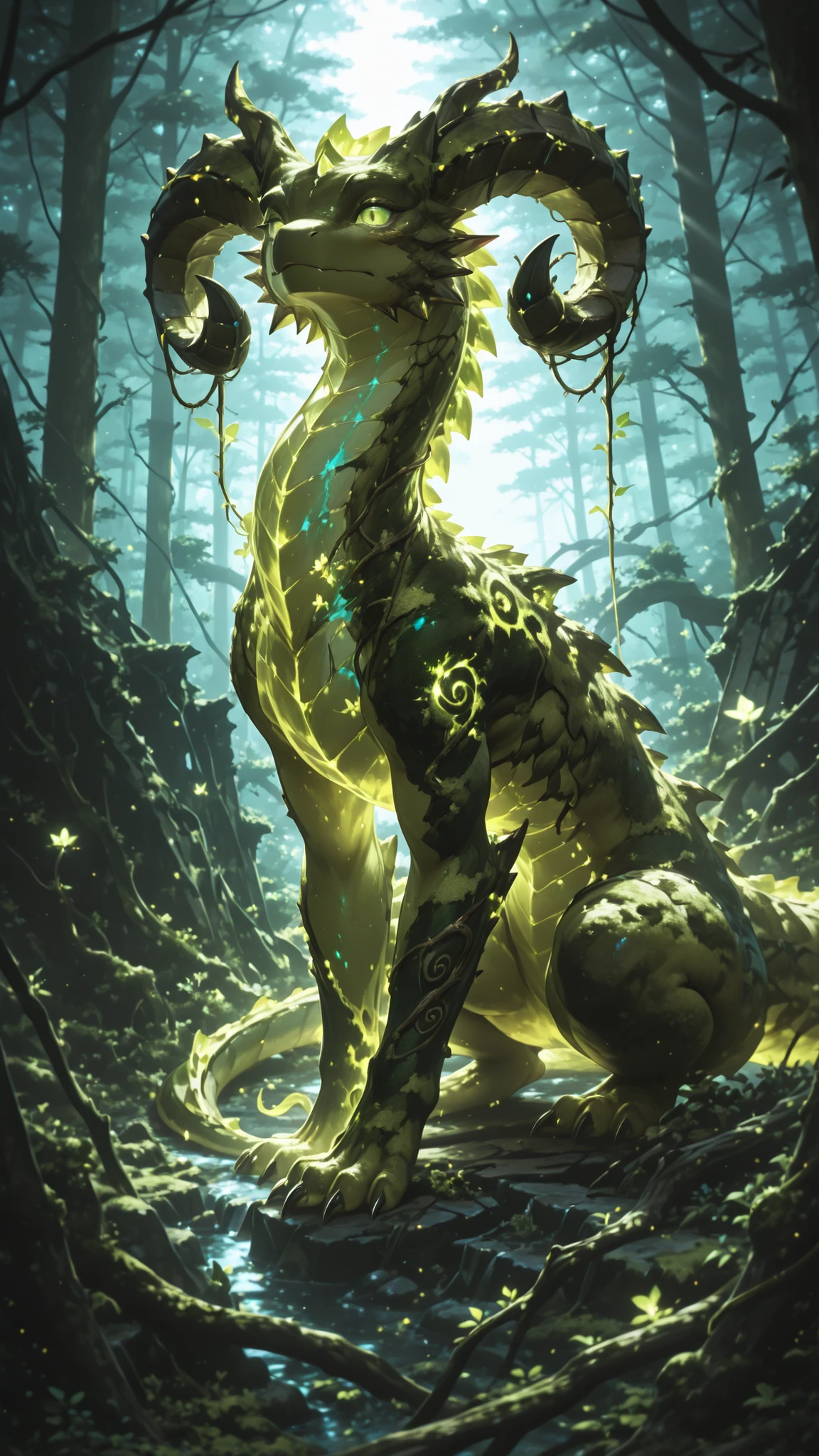 No human, solo, forest dragon covered in moss and vines, wooden spiral horns, glowing green eyes, resting in ancient ruins overtaken by nature, soft sunlight filtering through trees, mystical fantasy atmosphere, ultra detailed