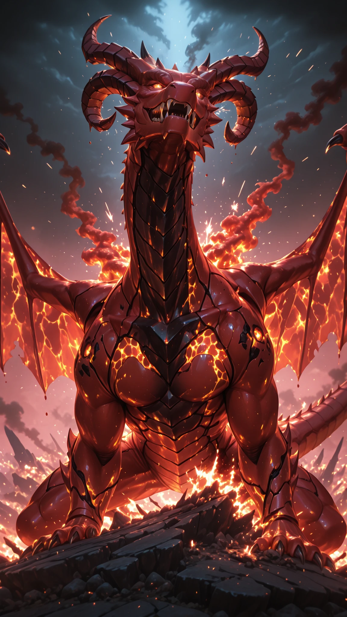 No human, solo, red dragon mid-roar, magma dripping from fangs, twisted lava-horns glowing hot, wings spread wide, surrounded by fire and smoke, sparks flying through the air, highly detailed, epic fantasy lighting, ultra realism