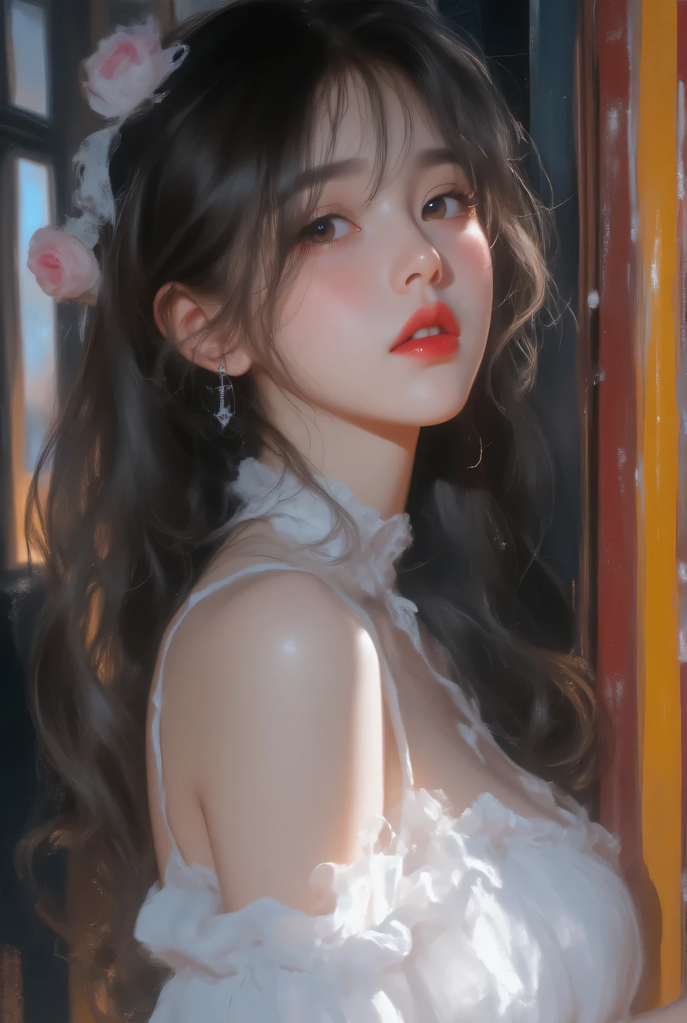 Highest Quality、masterpiece、high sensitivity、High Fine、detailed description、Lakeside Park、Slender Woman、(Full body photo)、beautiful girl who lost、cute idol、Skin that is white and translucent、Cute mouth、Adorable Eyes、high nose、High Sharp Nose Line、japanese model、super long black hair、white skin、smooth skin、 travel bag、スーツケース
white skin、big boobs、reflective light、Canon EOS 50D Shooting、1.4mm Ultra Wide Angle Lens、f/1.8、8K resolution、ray tracing、Anatomically Perfect Hands、5 fingers、 Girl Leaning against the Train Door、closes his eyes、Open His Mouth、Sing passionately、Off-the-Shoulder White Mini Dress、