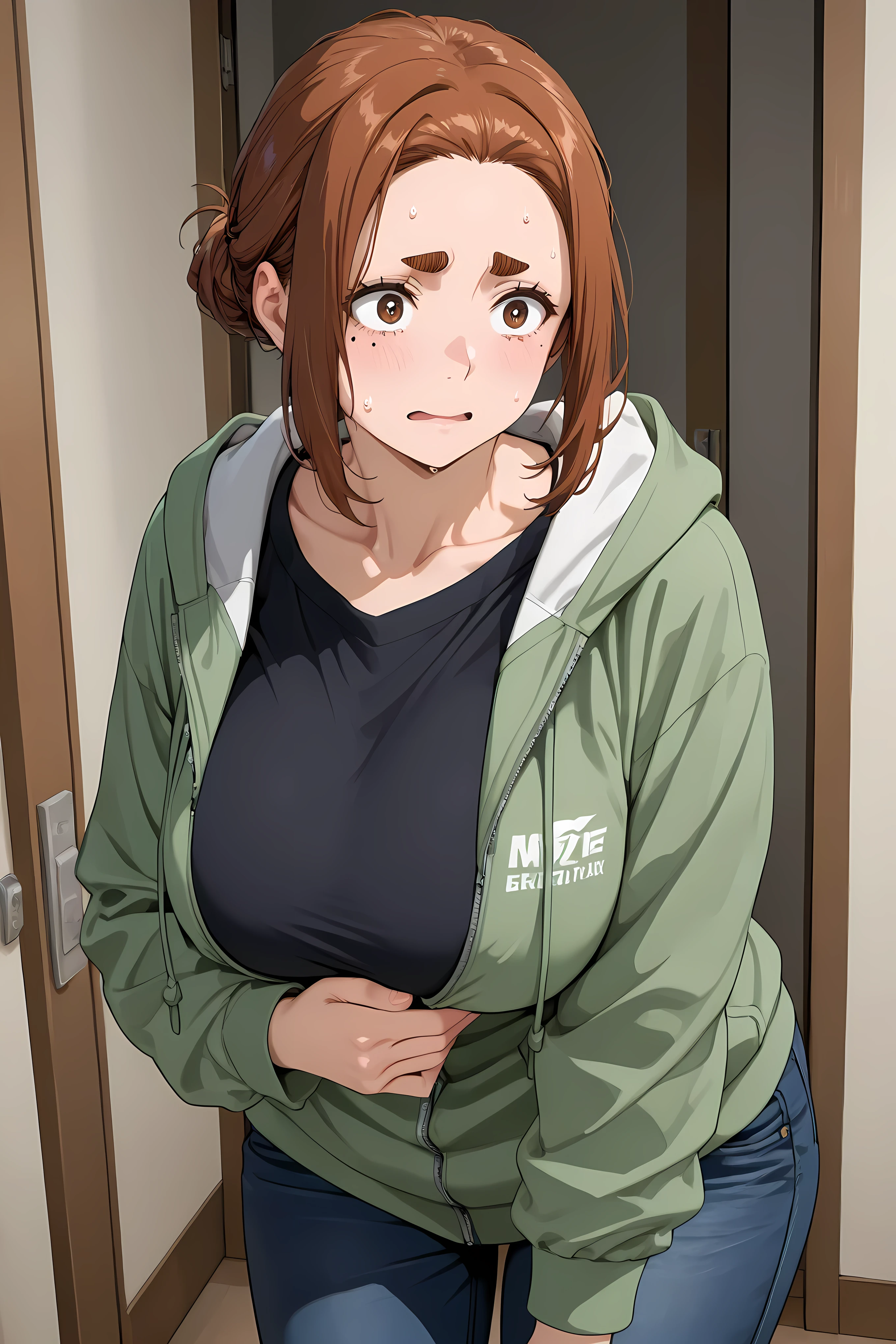 largesmrk, plus size, chubby, short hair, brown hair, single hair bun, brown eyes, thick eyebrows, mole under eye, , black shirt, collarbone, green hoodie, jeans,
Solo, general, masterpiece, highres, ultra-detailed, hyper-detailed, best quality, amazing quality, very aesthetic, best hands, best eyes, best hand
adult woman, 1woman, hand clutching own stomach, sweat, leaning forward, nervous, scared, inside Japanese small apartment,