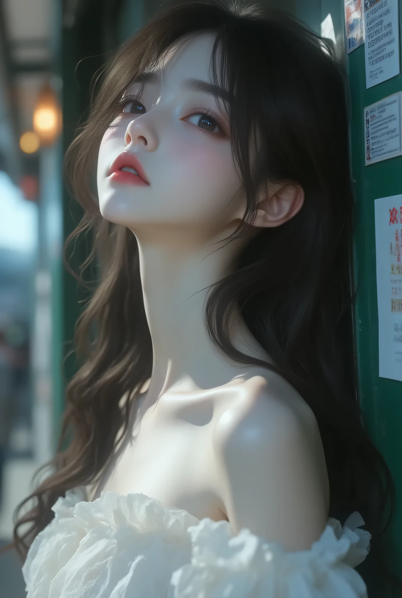 Highest Quality、masterpiece、high sensitivity、High Fine、detailed description、Lakeside Park、Slender Woman、Full body photo、beautiful girl who lost、cute idol、Skin that is white and translucent、Cute mouth、Adorable Eyes、high nose、High Sharp Nose Line、japanese model、super long black hair、white skin、smooth skin、 travel bag、スーツケース
white skin、big boobs、reflective light、Canon EOS 50D Shooting、1.4mm Ultra Wide Angle Lens、f/1.8、8K resolution、Ray Tracing、Anatomically Perfect Hands、5 fingers、 Girl Leaning against the Train Door、closes his eyes、Open His Mouth、Sing passionately、Off-the-Shoulder White Mini Dress、