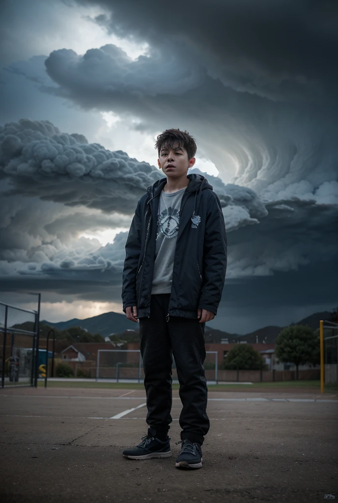 A small Japanese boy is struck by lightning on his way to school and is left covered in soot and in tatters after receiving an electric shock.