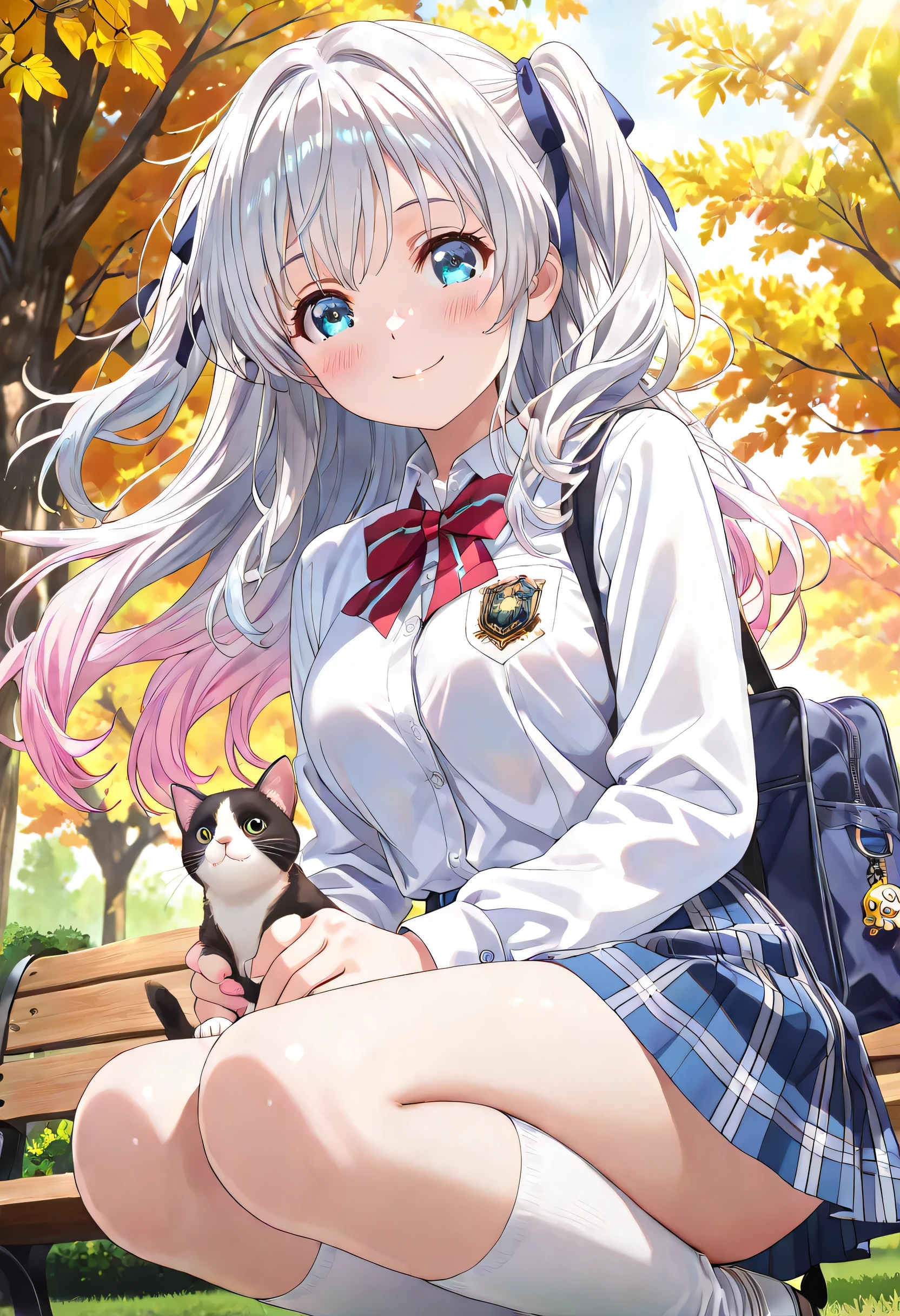 ((ultra-detailed)), (highly detailed CG illustration), (best quality:1.3), ultra-highly detailed, colorful composition, artistic photoshoot, 1girl, 1cat, solo, moe anime character, Anime-style, short stature, dainty facial structure, round face, rounded chin:1.2, blue eyes:1.3, droopy eyes:1.3, (silver hair:1.4), (gradient hair from silver to pink:1.4), long hair, two side up hairstyle, delicate curls, soft shading, hair ribbon with black, harmonious color palette, ethereal ambiance, ample breasts, school uniform, blue stripe neck bow, long sleeves white shirt, blue checked pleated skirt, white high socks, school blazer with navy blue, school bag from her shoulder, smile:1.3, happy:1.3, joyful:1.3, blush:1.3, cat mouth:1.3, flowing hair in the wind, squatting down, playing with a cat:1.3, from side, dramatic angle, from below, looking at the cat:1.4, cowboy shot, park, autumn trees, fallen leaves, warm sunlight filtering through branches, benches and soft grass in background, leaves fluttering, daytime, sidelighting, dynamic pose, contrapposto pose, best quality, masterpiece, cinematic lighting, 8K resolution, portrait, depth of field, caustics, ray tracing, perfect face, lustrous skin, highly detailed face, highly detailed eyes, perfect face, perfect nose, perfect hair, perfect eyes, beautiful hair, beautiful small face, extremely detailed face, beautiful detailed eyes, beautiful clavicle, beautiful body, beautiful ample breasts, breasts squeezed together, thin thighs, beautiful legs, beautiful fingers, 4 fingers, 1 thumb, lovely, (very detailed background:1.0), (highly detailed background:1.0), pastel colors palette, kawaii aesthetic, intricate details, girly atmosphere, chromatic aberration