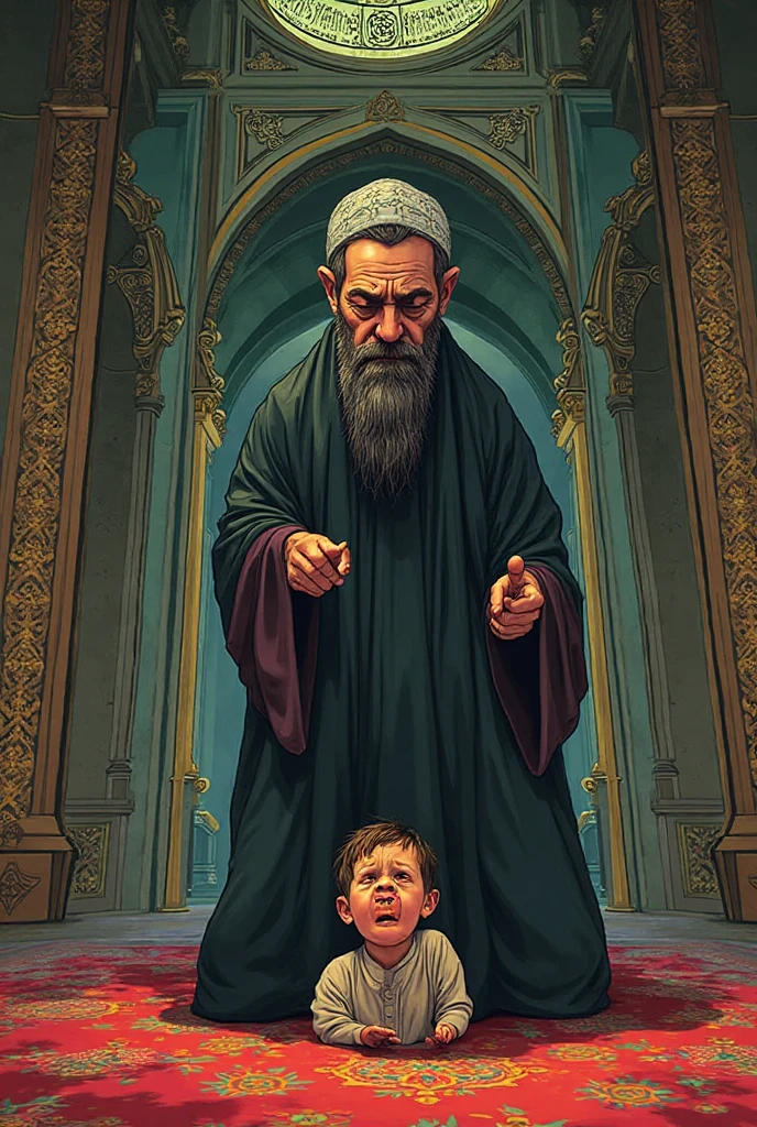  Amullah stay in mosque, there is a son sitting in front of him which chained up, also the son held abook and he is reading, the mullah  beating the son with the end of chain, there is a blood dripping from the head of the son , and he struggling to stop the blood 
