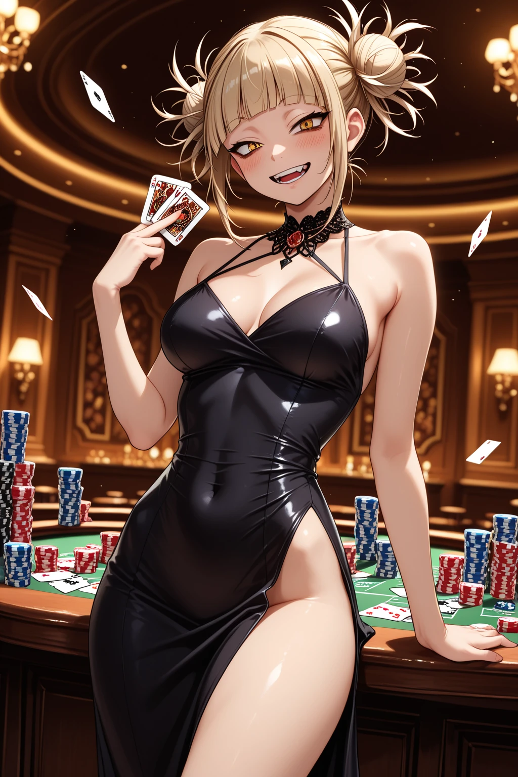 score_9, score_8_up, score_7_up, source_Anime, 1girl, h1m1k0t0g4, yellow eyes, slit pupils, narrowed eyes, blonde hair, hair bun, double bun, messy hair, blunt bangs, sidelocks, fake animal ears, playboy bunny, bunny ears, pantyhose,  casino,  <lora:HimikoTogaV2PONYByJuninhoLara21:0.8> faceless other,