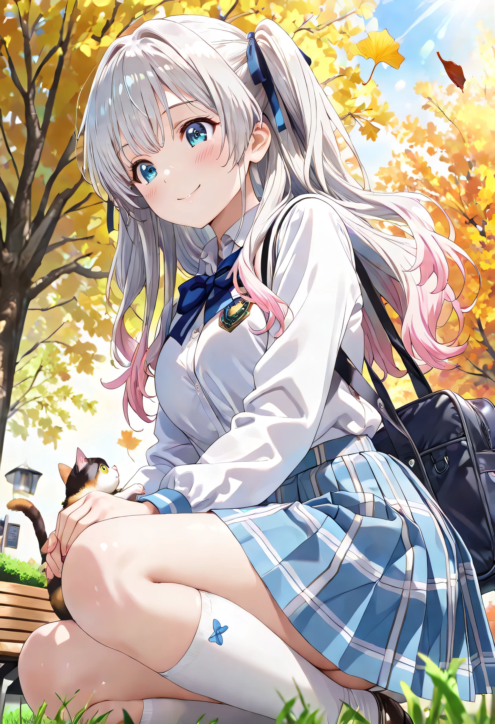 ((ultra-detailed)), (highly detailed CG illustration), (best quality:1.3), ultra-highly detailed, colorful composition, artistic photoshoot, 1girl, 1cat, solo, moe anime character, Anime-style, short stature, dainty facial structure, round face, rounded chin:1.2, blue eyes:1.3, droopy eyes:1.3, (silver hair:1.4), (gradient hair from silver to pink:1.4), long hair, two side up hairstyle, delicate curls, soft shading, hair ribbon with black, harmonious color palette, ethereal ambiance, ample breasts, school uniform, blue stripe neck bow, long sleeves white shirt, blue checked pleated skirt, white high socks, school blazer with navy blue, school bag from her shoulder, smile:1.3, happy:1.3, joyful:1.3, blush:1.3, cat mouth:1.3, flowing hair in the wind, squatting down, playing with a cat:1.3, from side, dramatic angle, from below, (looking at the cat:1.4), cowboy shot, park, autumn trees, fallen leaves, warm sunlight filtering through branches, benches and soft grass in background, leaves fluttering, daytime, sidelighting, dynamic pose, contrapposto pose, best quality, masterpiece, cinematic lighting, 8K resolution, portrait, depth of field, caustics, ray tracing, perfect face, lustrous skin, highly detailed face, highly detailed eyes, perfect face, perfect nose, perfect hair, perfect eyes, beautiful hair, beautiful small face, extremely detailed face, beautiful detailed eyes, beautiful clavicle, beautiful body, beautiful ample breasts, breasts squeezed together, thin thighs, beautiful legs, beautiful fingers, 4 fingers, 1 thumb, lovely, (very detailed background:1.0), (highly detailed background:1.0), pastel colors palette, kawaii aesthetic, intricate details, girly atmosphere, chromatic aberration