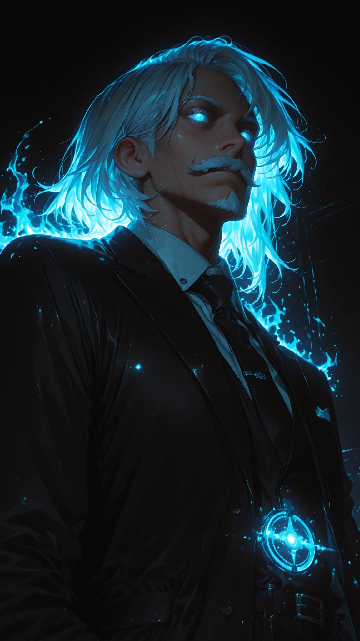 An intimidating older man with sharp blue glowing eyes, long swept-back white hair, and a thick mustache and goatee, wearing a black suit and tie, his face heavily scarred and wrinkled, exuding a powerful and mysterious aura, illuminated by teal electric light streaks, close-up shot from a low angle, dramatic shadows and high contrast, cyber-noir anime style, ultra-detailed illustration, dark background ,Dark color, glow0_3,creative angle,painted art style, paint style, acrylic piainting, oil painting, layered painting, semi-realistic art style, attractive features, detailed features, pseudo-realistic style, semi-realism, detailed colouring, detiled painting, detailed style