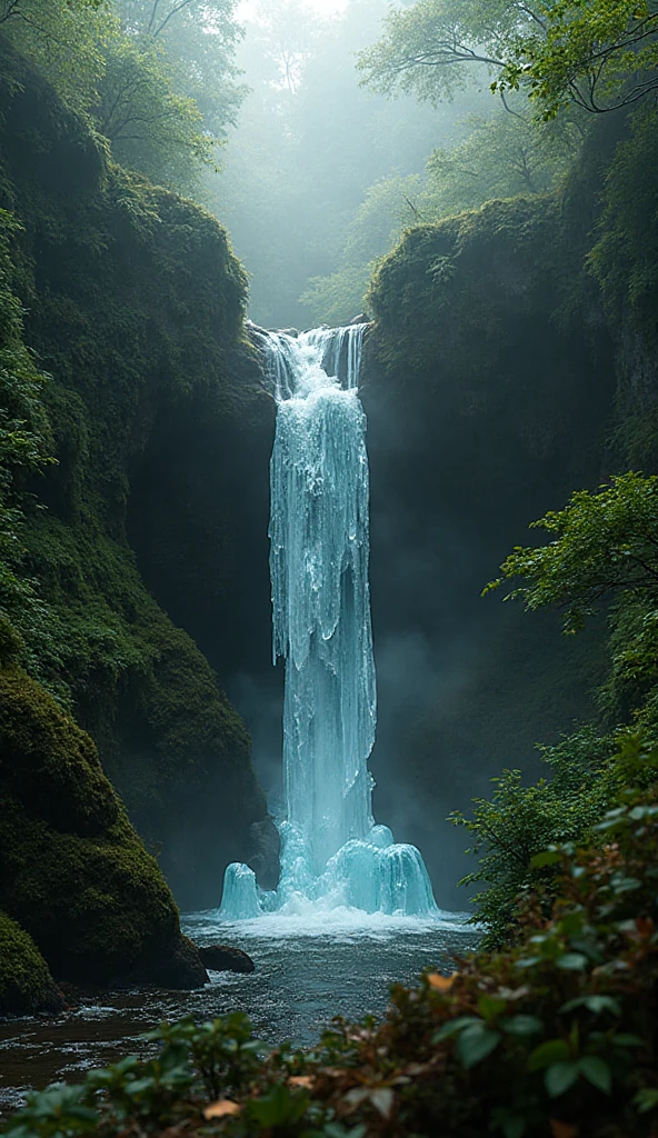 38 years old beautiful mature woman, supermodel, photoshoot for magazine, wearing  wet clothes (:1.5),  big , ((tight bodyfit maxi dress)), curvy body, proportional mature body,  posture, waterfall cave, Giant trees
