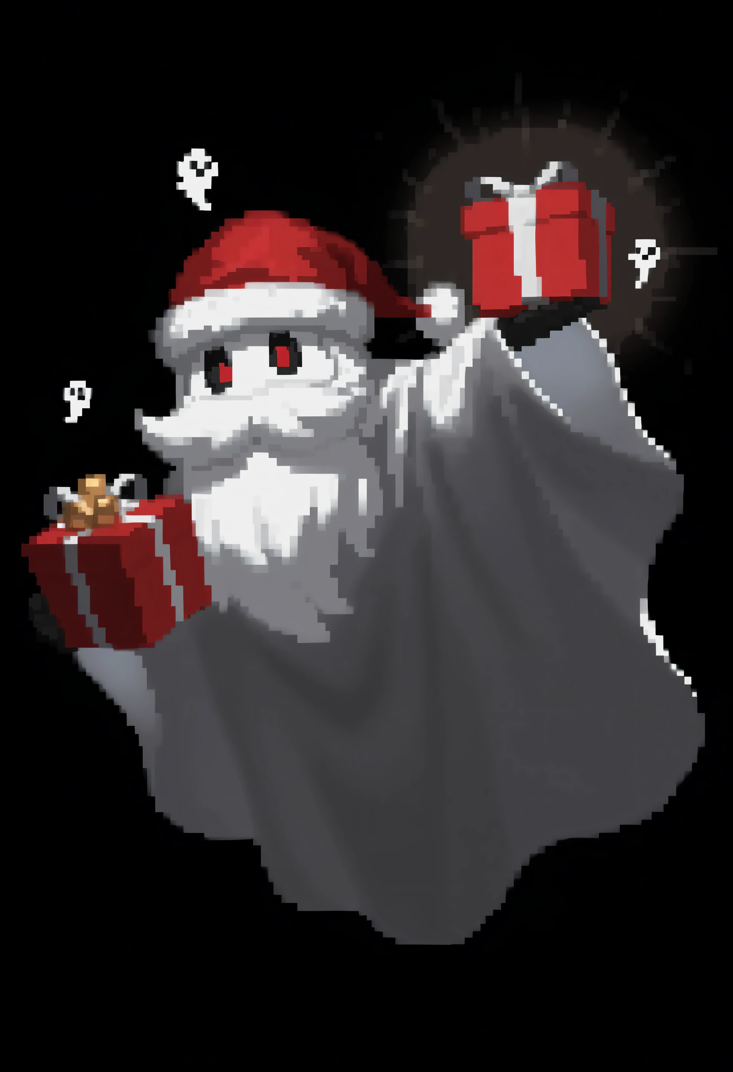 sheet red santa with a big white beard, holding a christmas present, ghost,solo,ghost costumel, #000000 black background,
