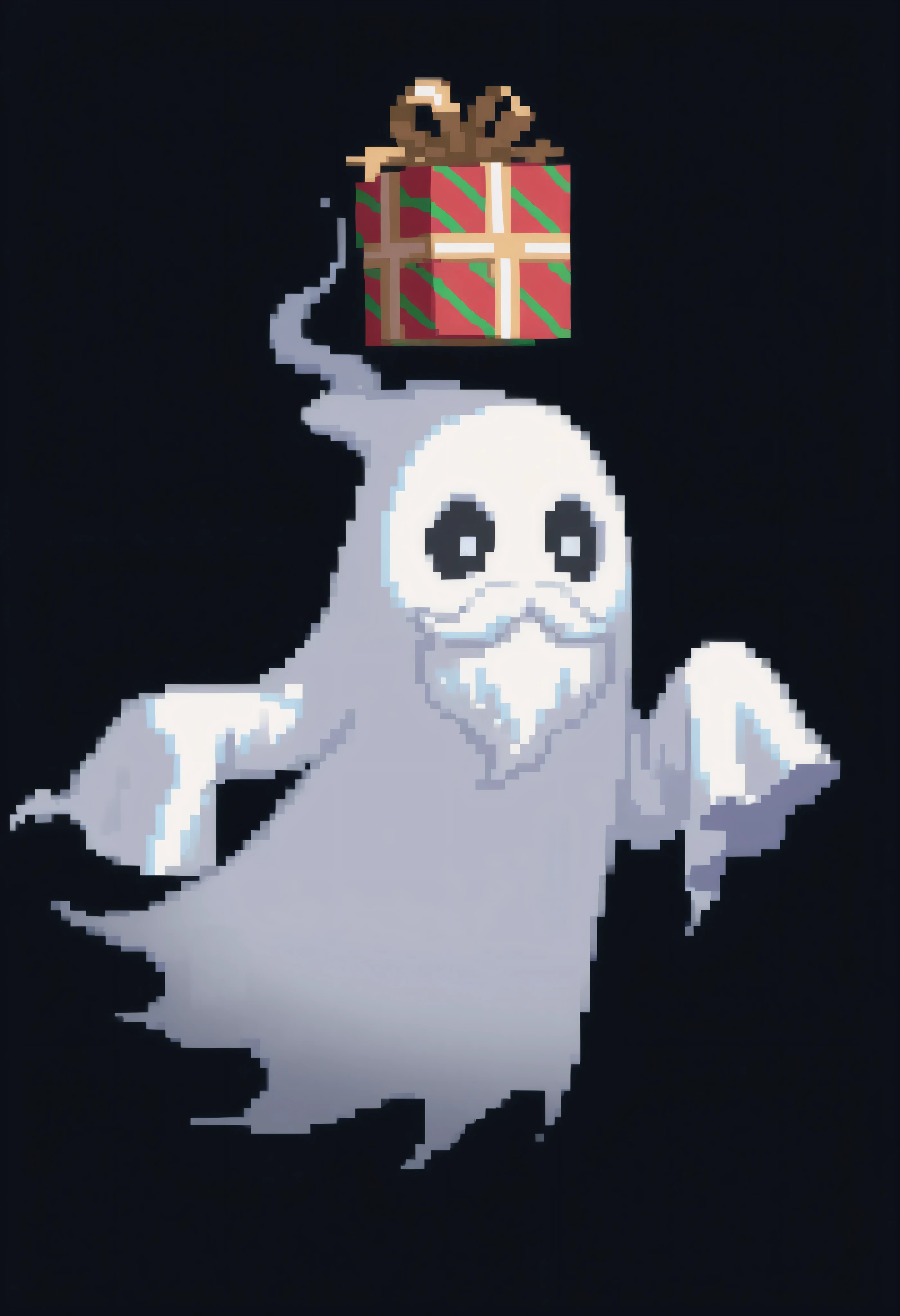 sheet red santa with a big white beard, holding a christmas present, ghost,solo,ghost costumel, #000000 black background,