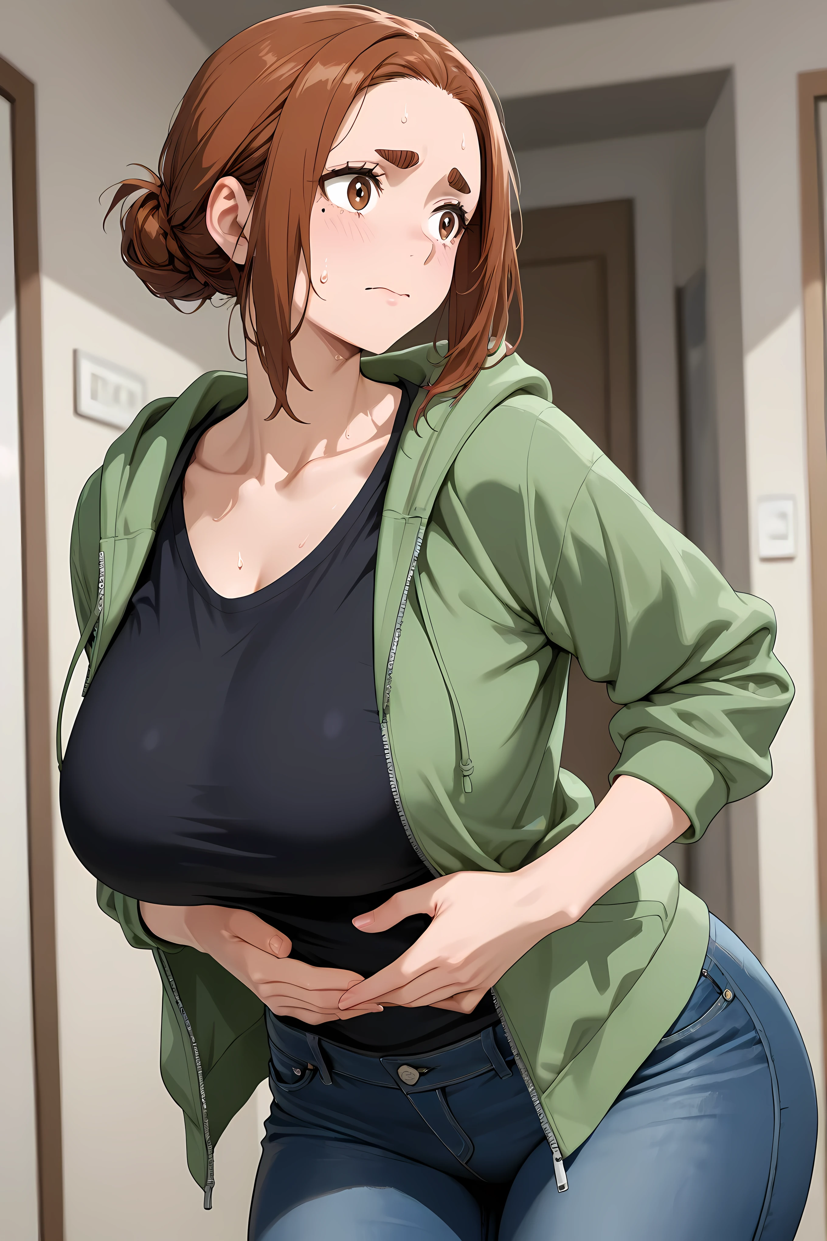 largesmrk, short hair, brown hair, single hair bun, brown eyes, thick eyebrows, mole under eye, , black shirt, collarbone, green hoodie, jeans, open hoodie,
large woman, thick body, wide , full stomach, big , full figure,
Solo, general, masterpiece, highres, ultra-detailed, hyper-detailed, best quality, amazing quality, very aesthetic, best hands, best eyes, best hand
adult woman, 1woman, hand clutching own stomach, sweat, leaning forward, nervous, scared, inside Japanese small apartment,