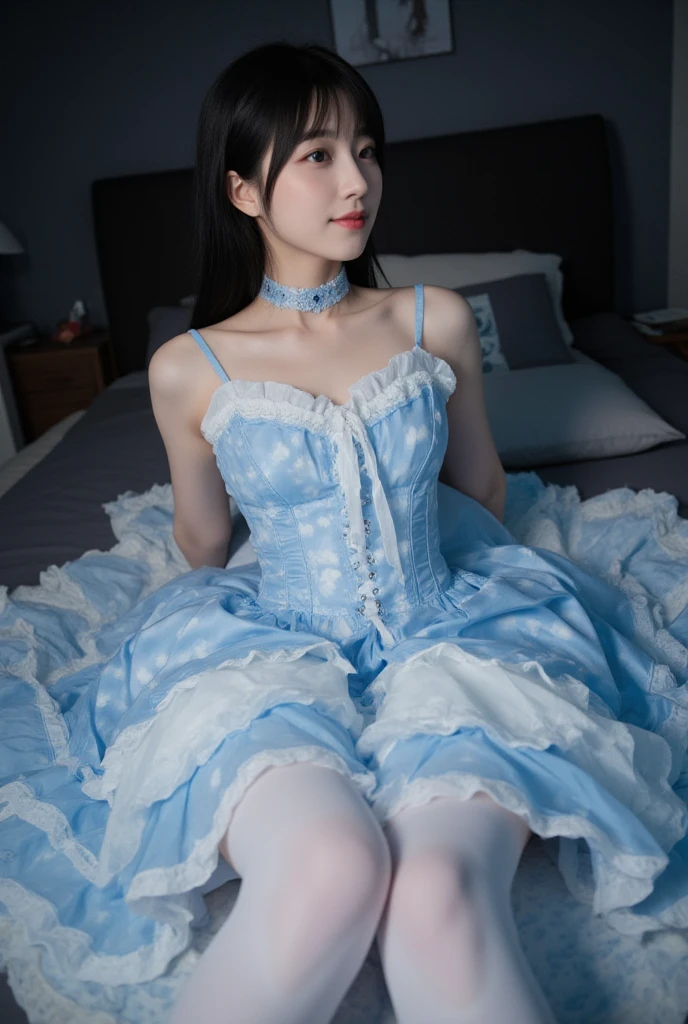 1girl, solo, long hair,  squeezed together ,  cutout,hair ornament, dress,  shoulders, white hair, dress,((the body )),full body,bedroom