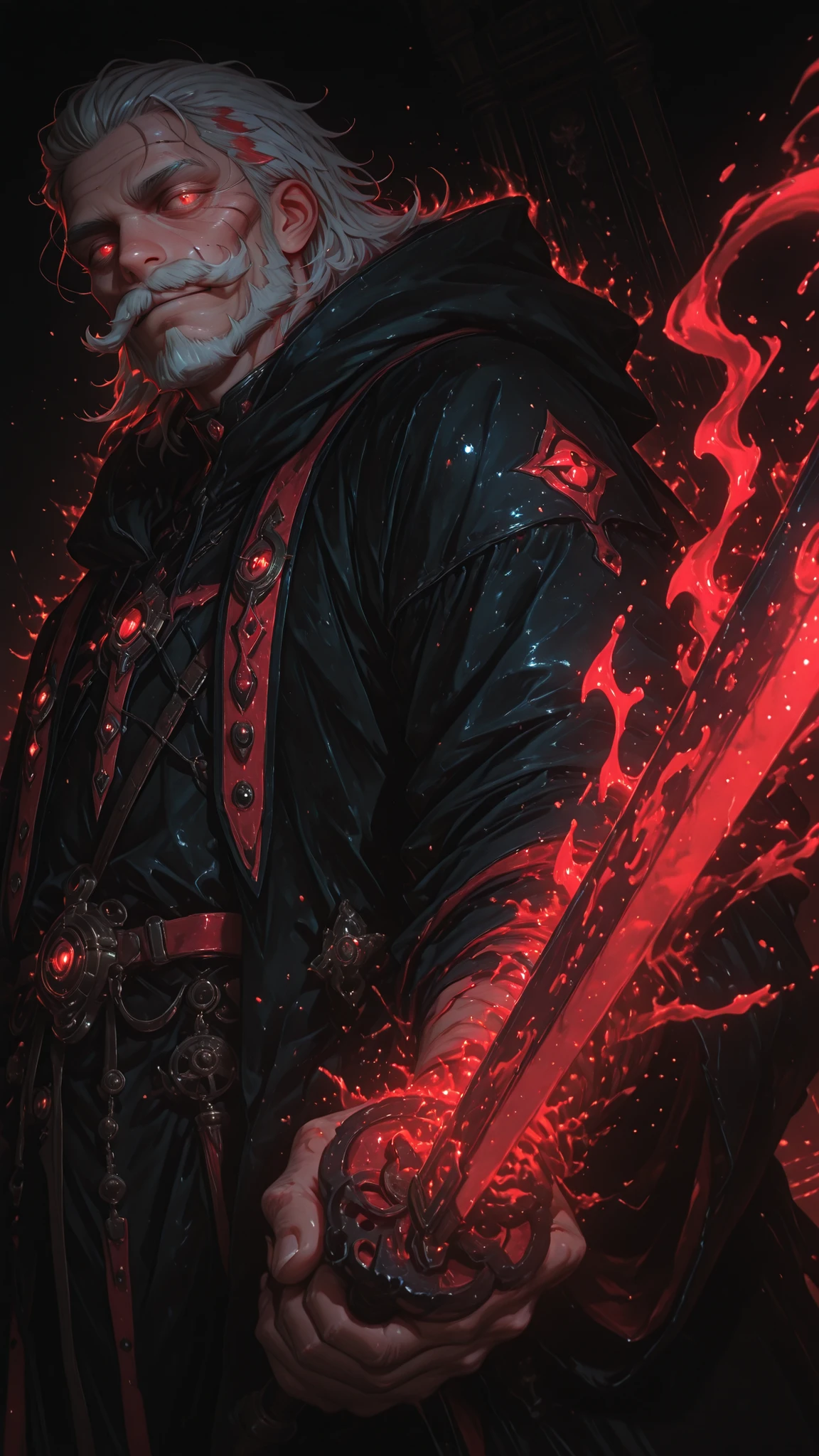 An intimidating old man with sharp, glowing red eyes, slicked-back hair, and a thick, stubbled mustache and beard, wearing a shabby black robe, his face covered in scars and wrinkles, exuding a powerful and mysterious aura, illuminated by streaks of turquoise electric light, a close-up shot from a low angle, dramatic shadows and high contrast, cyber-noir anime style, ultra-detailed illustration, dark background, Dark colors, glow0_3, creative angle, painting art style, paint style, acrylic painting, oil painting, layered painting, semi-realistic art style, interesting features, detailed features, pseudo-realistic style, semi-realism, detailed coloring, detailed painting, detailed style