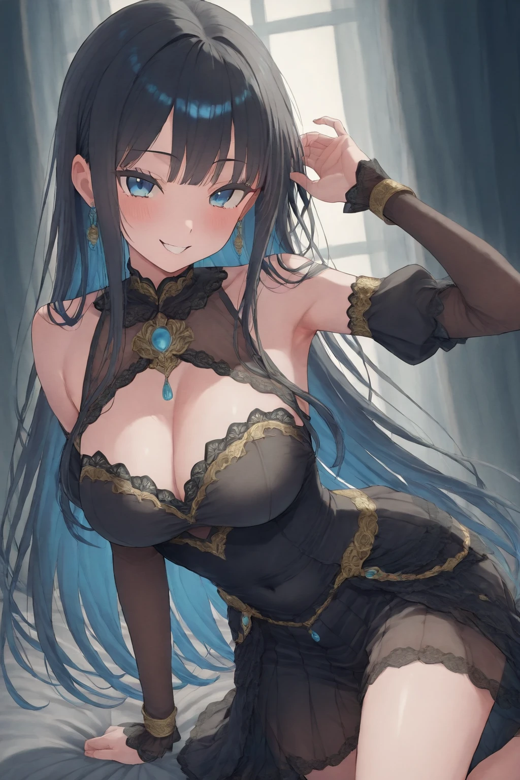 cinematic style, 1girl, arm support, blue dress, bracelet, cleavage, yellow eyes, closed mouth, collarbone, crossed legs, earrings, fingernails, grey hair, hand up, , long hair, sitting, smile, solo, thighs, from above,