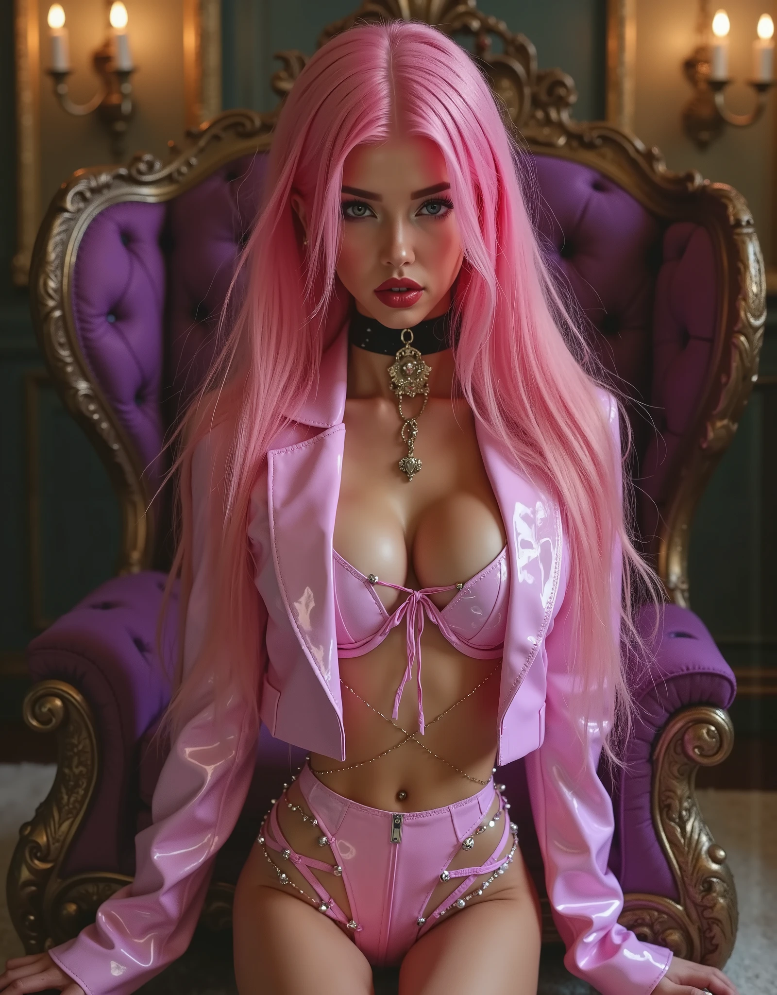 this captivating portrait of glamour and seduction focuses on a beautiful masterpiece of a Pink haired pale skinney happy princess age19 with an toned extremly skinny athletic build and ultra tanned skin, Highly detaild glittery skin, Pink and gold glitter ol aver here skin, (extremly skinny slim anorexic body), Skinny slim Waist, tight gap, beautifully adorning a gothpunk-inspired luxury extremely revealing swimsuit. insanly long flowing bright pink with blond high-lights shiny hair, shiny glossy mirror-like latex is intricately sculpted into the design of the revealing glossy Pink high-leg, lace-up leotard, gold brodery on the leotard, lots of cut-outs leotard, (ultra revealing glossy wet pink latex leotard), accented with straps and a deep plunging neckline that maximizes her decolte, ((Over here glossy Pink leotard she has an Pink Latex unbuttoned blazer jacket with gold buttons in a intracate design)), ((all here Latex Looks glossy and wet)), Wet skin, Sweaty skin, capture the effervescence of the erotic scene. Bear the quirky aesthetics of proper steampunk with a sophisticated twist, dressed in ambiance of retro pin-up glamour. Framing the stage, the tanned-skinned model desires the eyes of her master; (big round breasts), on a beige white velvet floor infront ov a purple and gold velvet throne, a woman possessing timeless charm beauty grace and elegance. she has dark smokey eyes and deep red lipstick. her mouth is open in an expression of orgasmic ecstasy, award winning photo, extremely detailed photo. high res. 8k, ultra sharp.intense sultry eye contact, dark winged eyeliner, reaslistic skin texture.photorrealistic. seductive glossy cherry red lips. dark glossy goth makeup. facing the viewer. looking with lust into the viewers eyes. horny face expression. firm fake round breasts. choker. sitting upright, thigh gap, legs spread, worshipping her master, manspreading, hands behind back, hands not visible,feet obscured and not visible