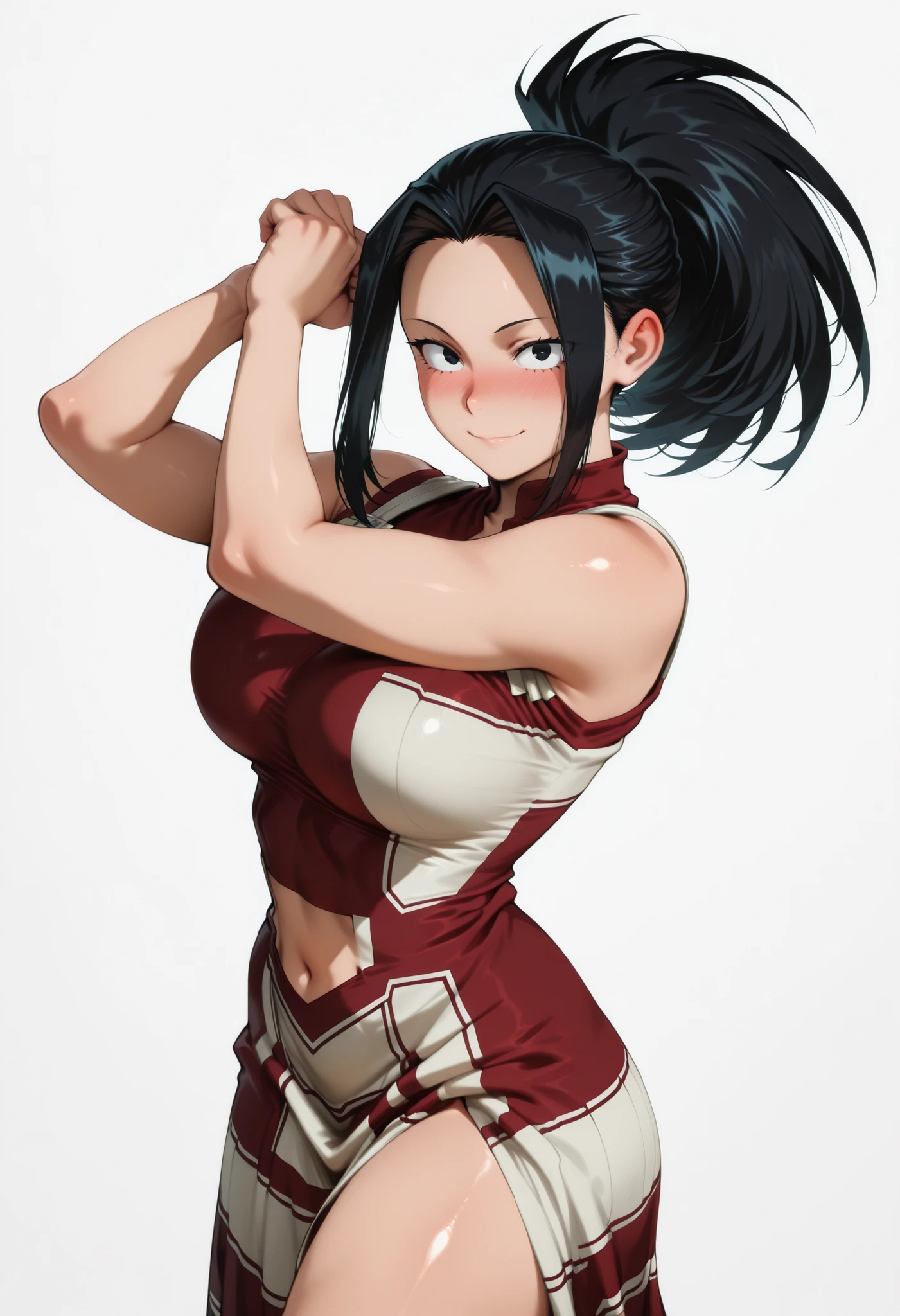 nose blush, shiny legs, shiny body, shiny hair, clear skin, clear body, short hair,, white background, simple background, standing, (masterpiece), best quality, expressive eyes, perfect face,1girl,(large breasts),, nose blush, looking at viewer,, nice legs, white background, simple background, posing, yaoyorozu momo, long hair, bangs, black hair, ponytail, black eyes, high ponytail, wide ponytail, tight clothes,,, COWBOY SHOT,, SOLO,solo, large breasts, thick thigh, dynamic pose, navel ,midriff,,, LOOKING AT VIEWER, WHITE BACKGROUND, EMPTY BACKGROUND, soft smile,, DYNAMIC POSE, long dress, (color) dress