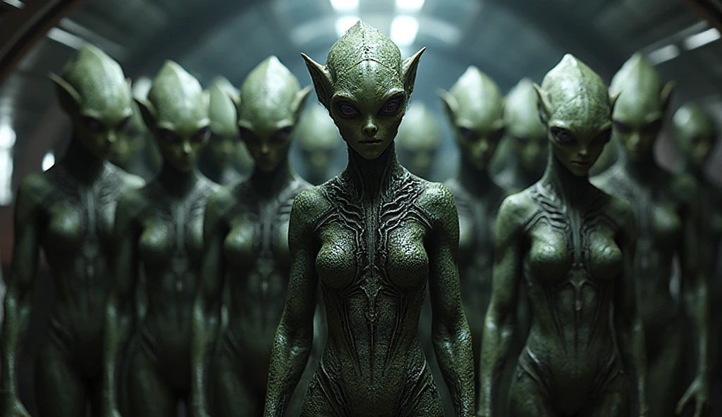 (50s scifi) (subject 1: a bunch of sensual plant alien women, extremely detailed, beautiful detailed eyes, beautiful detailed lips, extremely detailed faces, longeyelashes, alien plant ,  clad, large breasts), (subject 2: captive human damsel bound and gagged, , busty, hot ugly), the aliens are discussing evolution, space, vivid colors, cinematic lighting, photorealistic, concept art, 8k, high quality (show the women head to toe, full body shot, show all of them)
