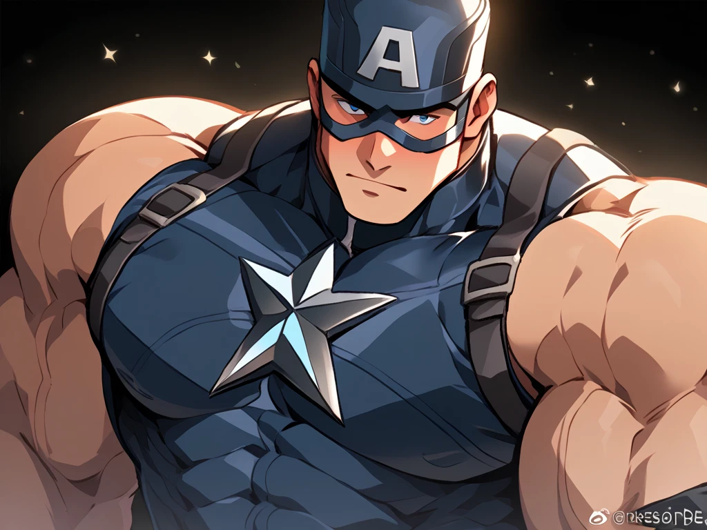 Shizune, 1girl, ((bimbo))), short black hair, glasses, painted lips, wide , thick thighs, huge , bimbo face , enormous huge natural , captain america costume, captain america, , hanging , face, hot, lust face