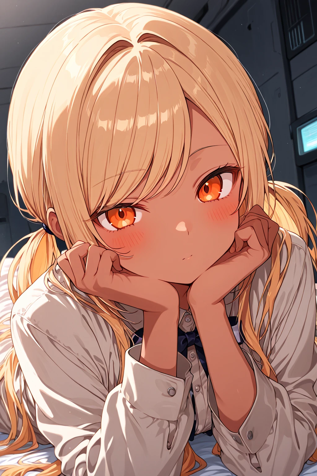 1woman, 30 years old,solo, medium hair,disheveled hair,messy hair,fox ears,blonde hair, yellow eyes, upper body, white shirt, red lipstick, breasts, looking at viewer,  smile, one eye closed, hand on own chin , laboratory, masterpiece, best quality