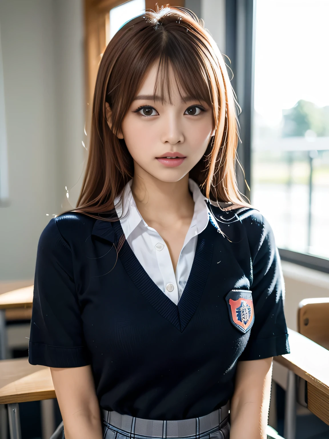 8K,Best Quality, masutepiece, ultra-detailliert, 超A high resolution, Photorealistic, Raw photo, absurderes, absolutely resolution, 1girl in, Solo,upperbody shot, Looking at Viewer,a Japanese young pretty woman, hyper cute face, Glamorous figure, Large breasts , Long bob hair ,Smile,(School uniform:1.3), Learning Environment, ‎Classroom, Teachers and students, teaching materials, academic achievements, Glossy lips of lifelong learning, Double eyelids in both eyes, Natural makeup, long eyelashes, Glossy smooth light brown long bob hair, asymmetrical bangs, Shiny skin, central image, High resolution, high detailing, detailed hairstyle, Detailed face, spectacular movie lighting, Octane Rendering, Vibrant, Hyper realistic, Perfect limbs, Perfect 
