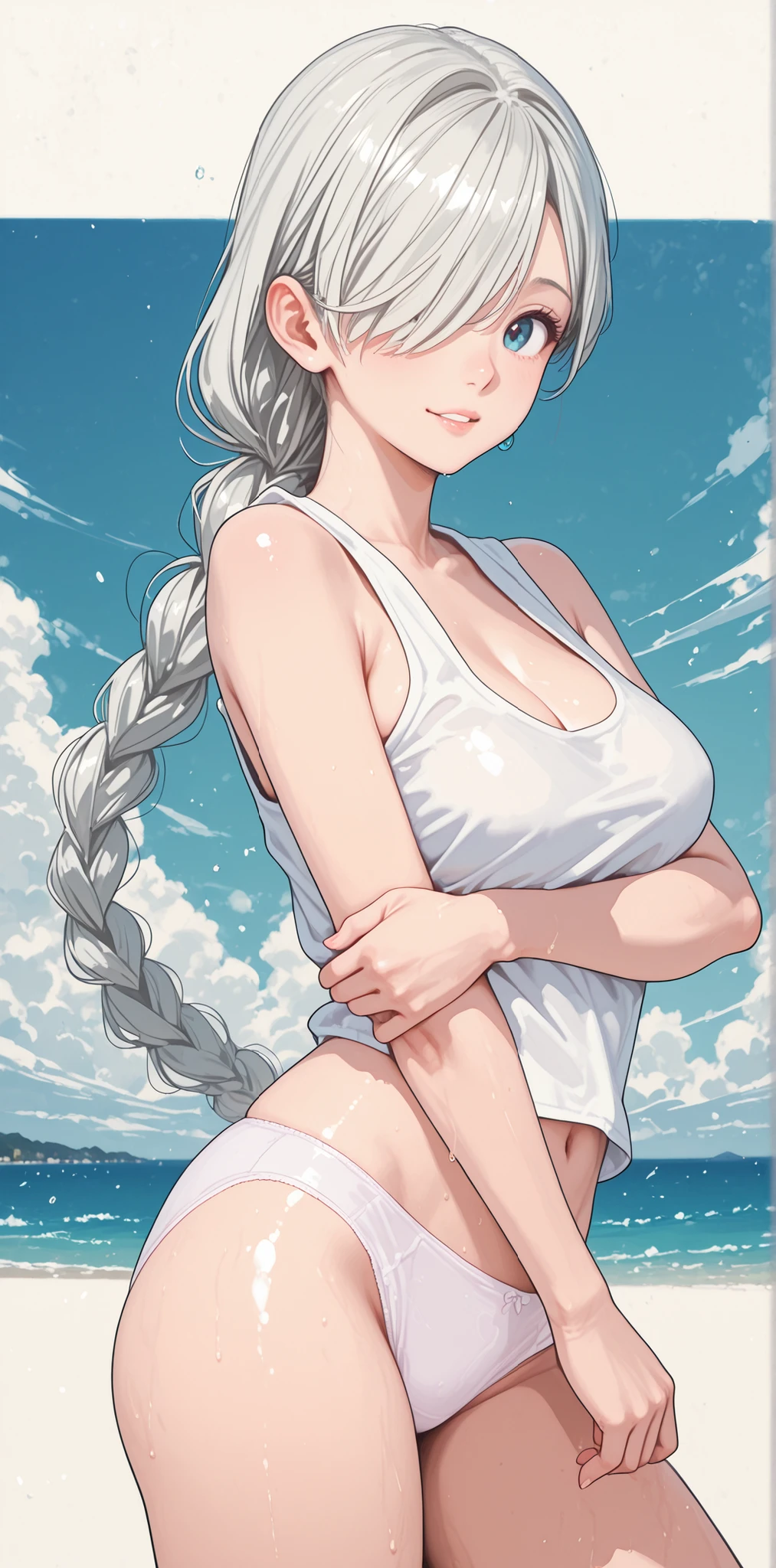 Elizabeth liones:1.2,shape hard-edged:1.3,Volumetric Light:1.2,masterpiece,Newest,細部まで美しくbeautiful eyes,(catch light:1.6),(eyes Reflection:1.5),((beautiful breasts)),beautiful eyes:1.6,full shot,slender,片目を隠す髪:1.3,hide one eye with hair:1.6,White silver hair,long hair,blue eyes:1.3,White tank top,sleeveless,,White lace panties:1.3,beautiful breasts,E cup,(eyes Reflection:1.3),Tiny Head:1.3,(pink lace panties:1.5),((Beautiful Lips:1)),:1.3,parted lips:1.3,light smile:1.4,open eyes,detail lace panties:1.3